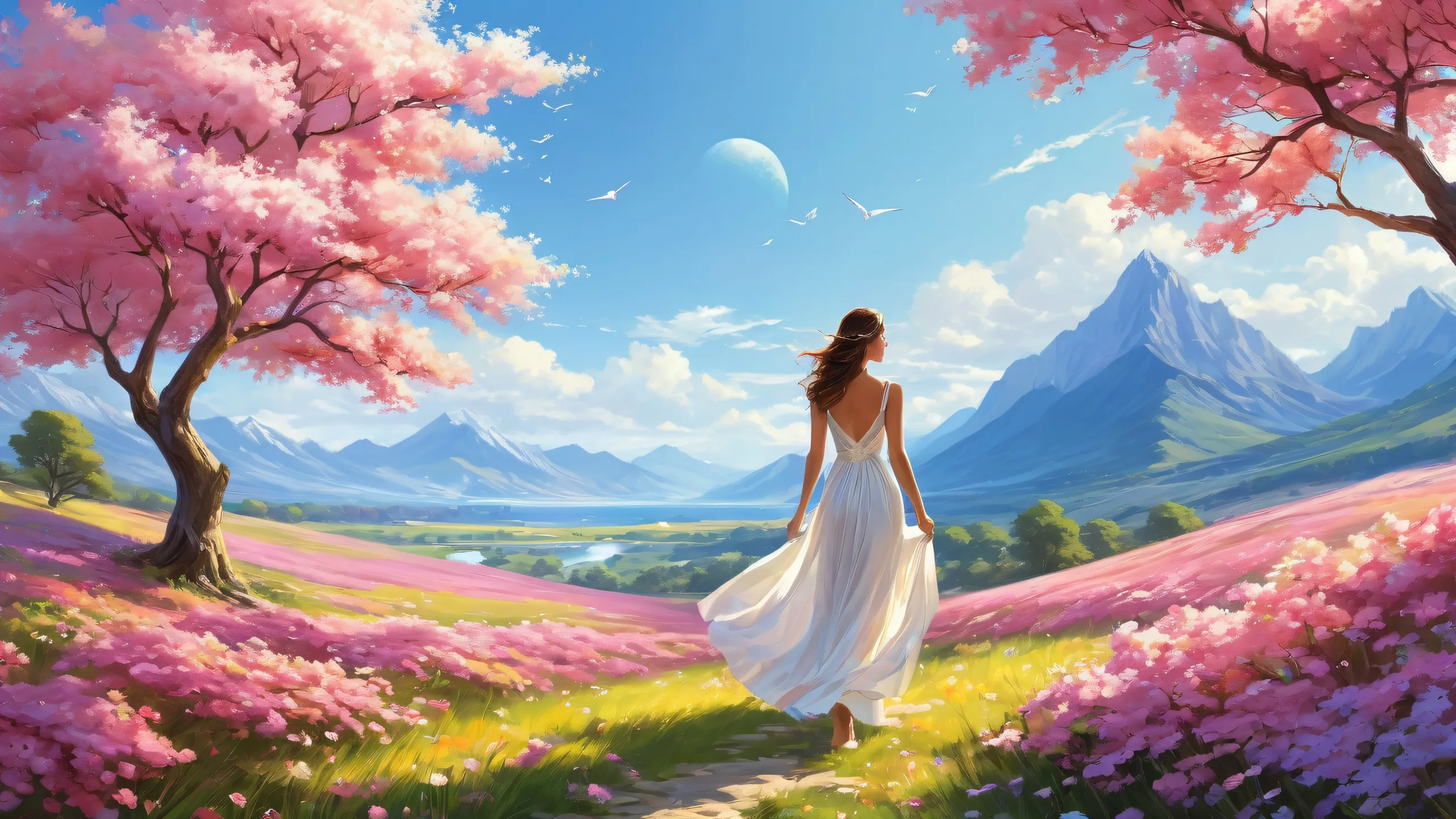 A stunning desktop background of a woman outdoors against an endless blue void with ethereal lighting, perfect for your Desktop/PC.