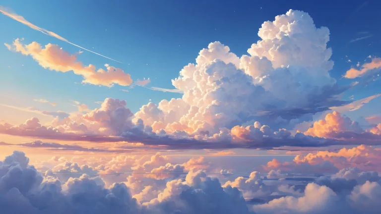 A serene desktop background of a cloud-filled sky with pristine clarity and radiant sunlight, perfecto para tu escritorio/PC.