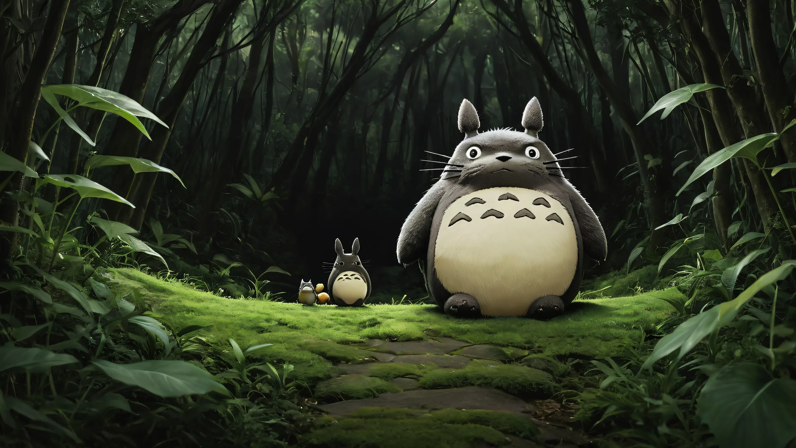 Breathtaking surreal desktop wallpaper of Totoro in a vast, pure void with eerie greenish tint and deep contrast for Desktop/PC.