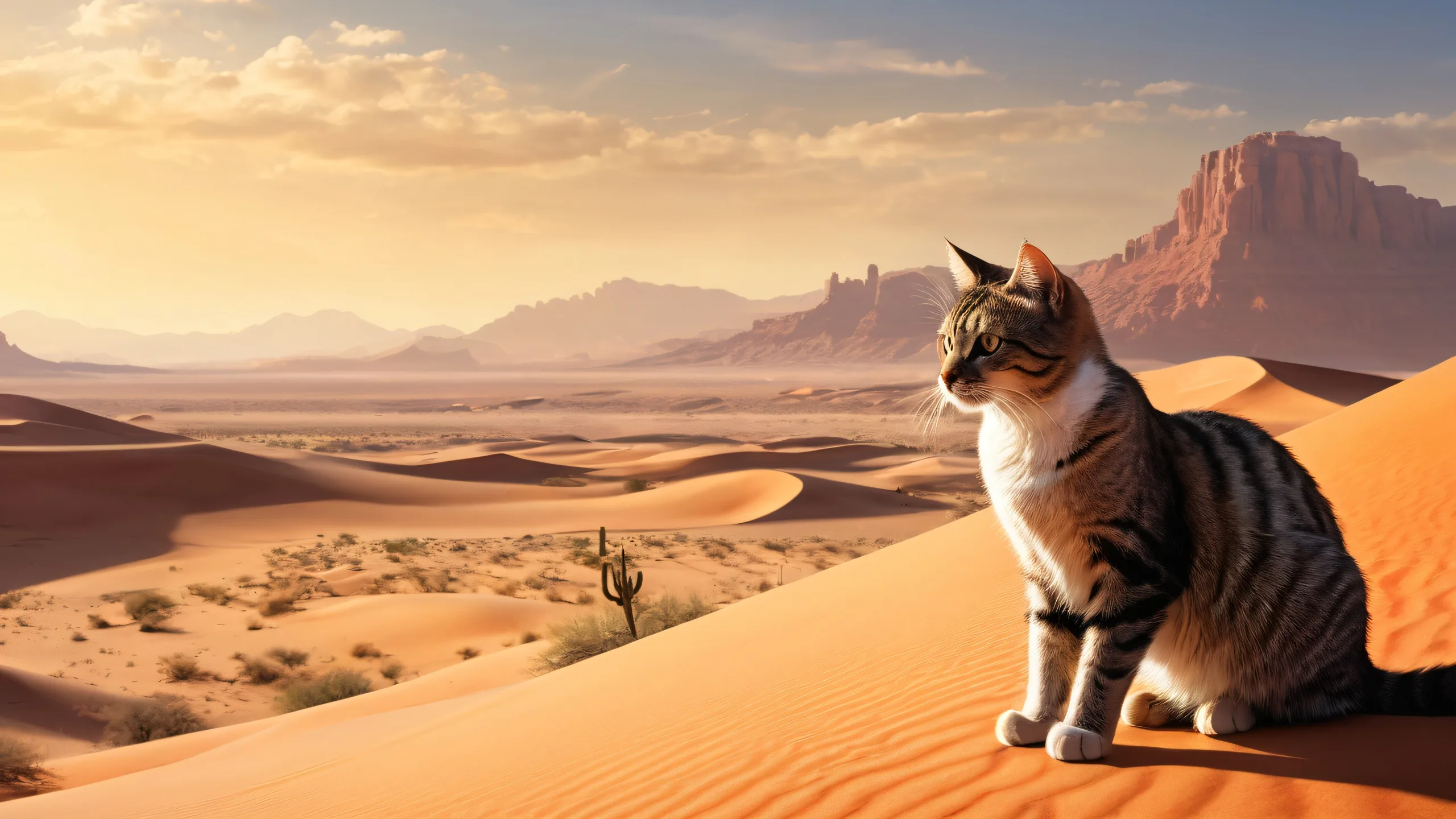 A majestic cat standing in a post-apocalyptic desert landscape with an extreme depth of field, perfect for your Desktop/PC.