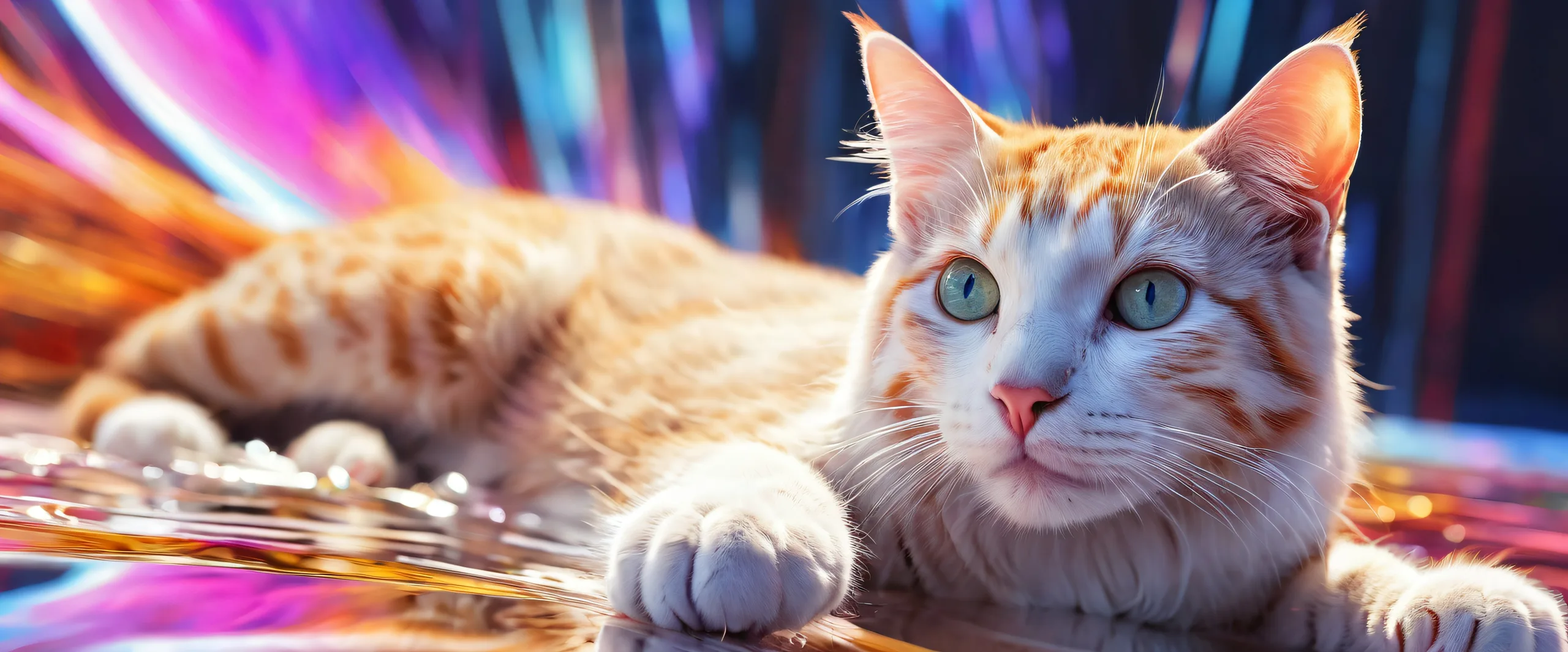 Breathtaking desktop wallpaper of a fierce feline in a vast, pure void with radiant colors and ray traced reflections.