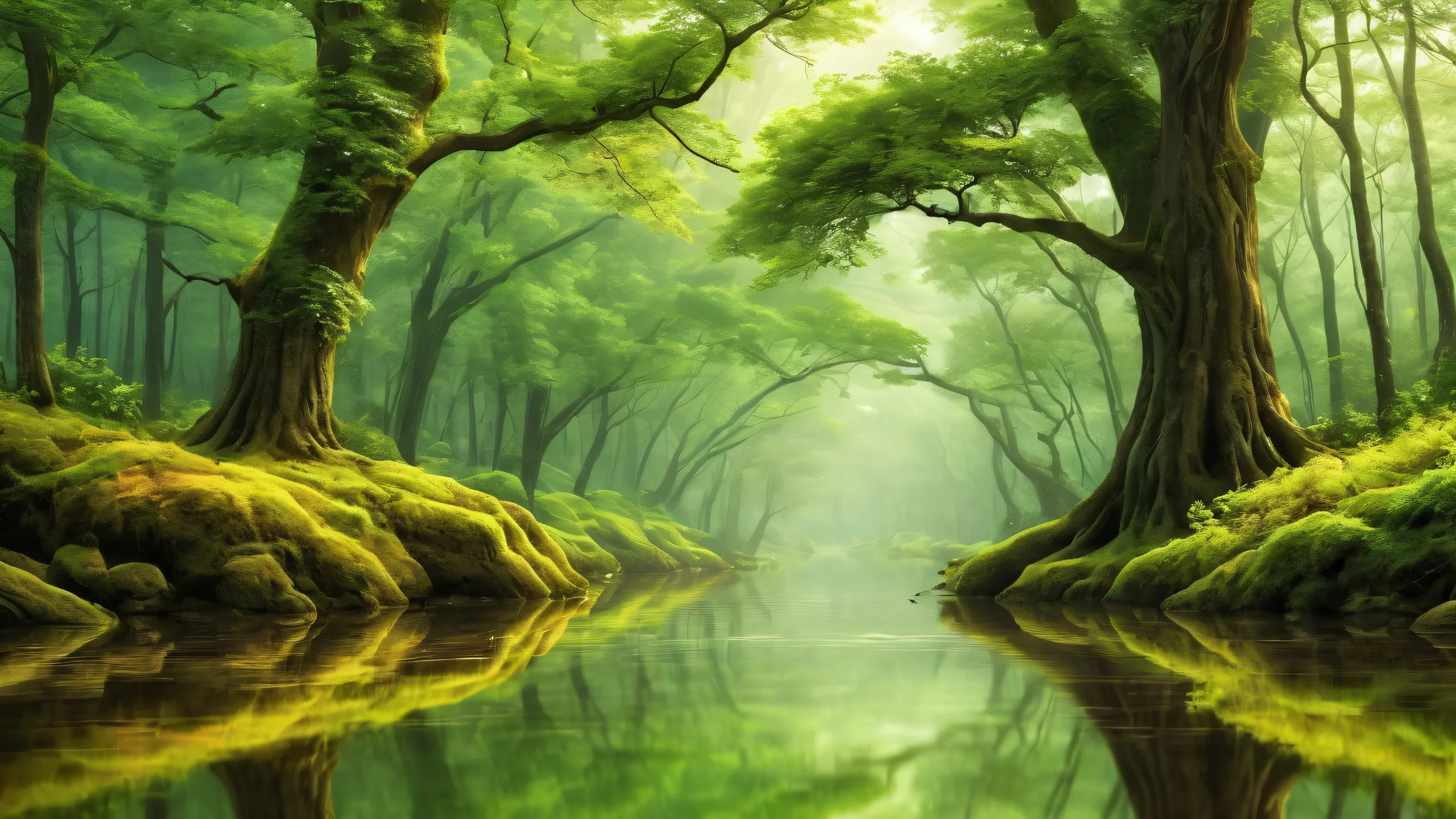 Breathtaking landscape of trees on a desktop/PC with misty fog and radiant lighting.