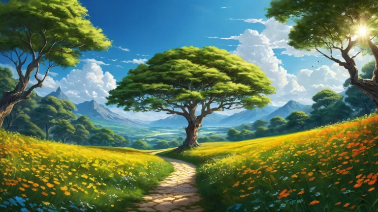 Desktop/PC wallpaper of majestic trees and serene landscape against a blue sky.