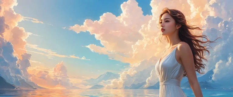 A breathtaking desktop wallpaper featuring a woman surrounded by a vast pure void, with extreme depth of field and ethereal lighting. Ideal for desktop/PC use.