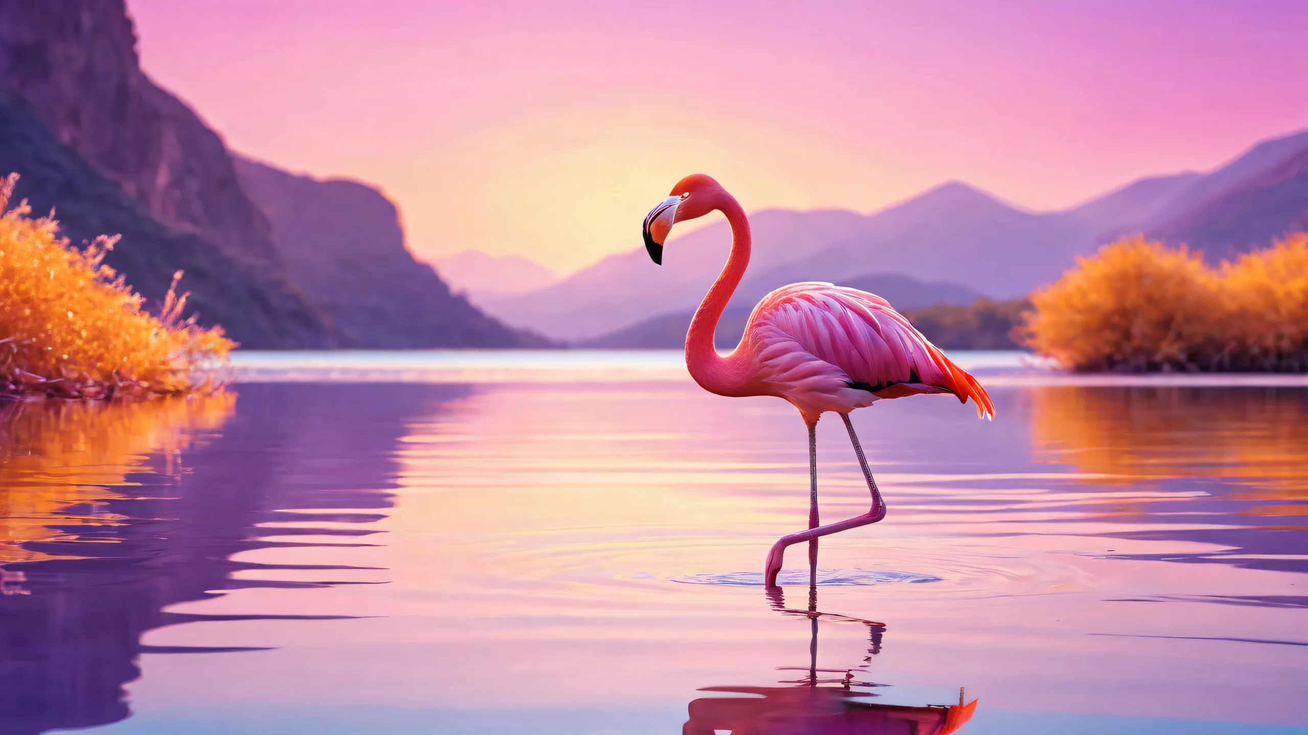 A serene flamingo against a vibrant sunlit lake on a pristine void, perfect for your desktop/PC.