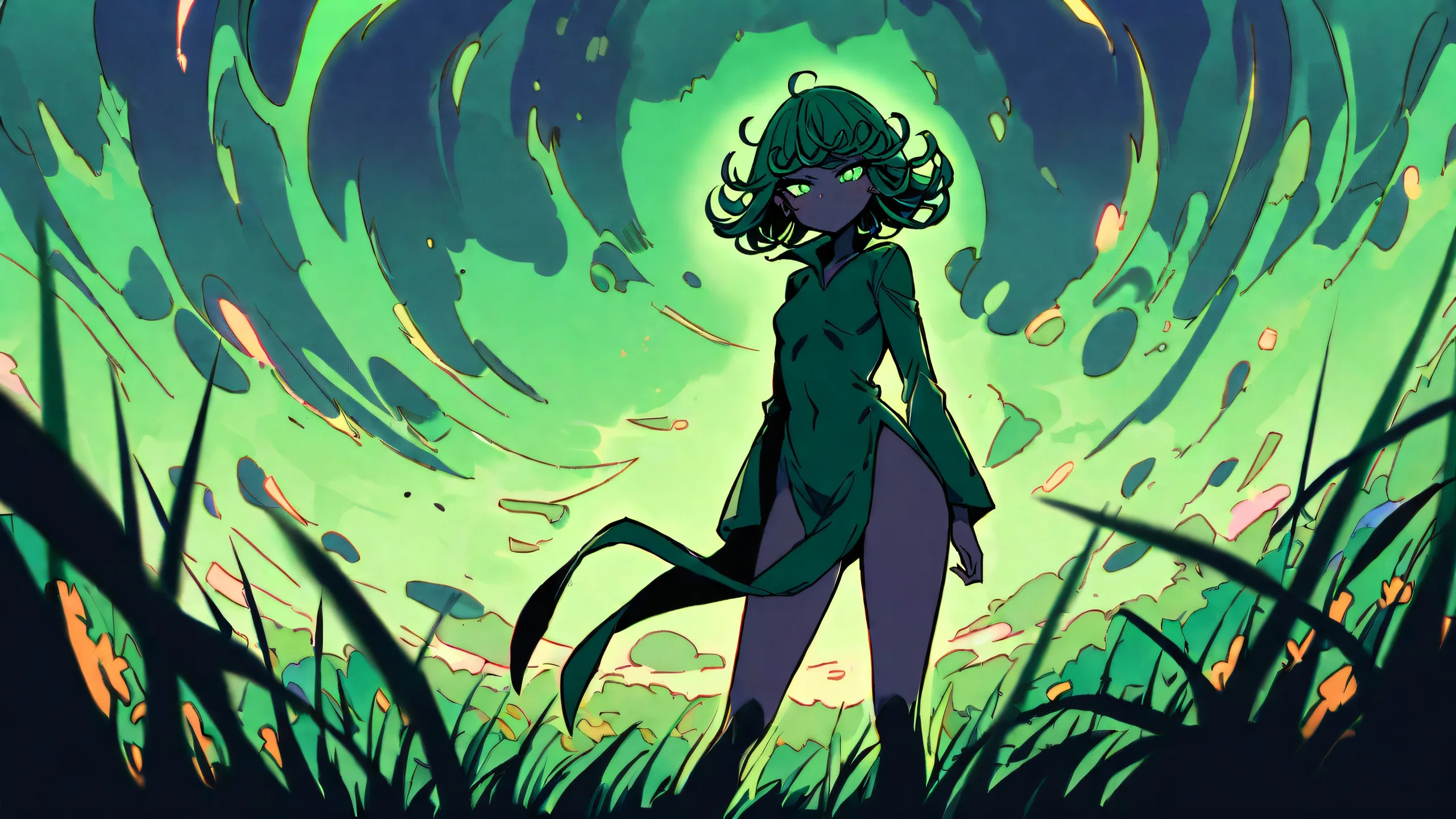 A lone girl standing in a vast, pure void, looking directly at the viewer from a 16:9 desktop wallpaper featuring pastel greens and earthy tones, cinematic lighting, and vivid colors, perfect for desktop/pc.