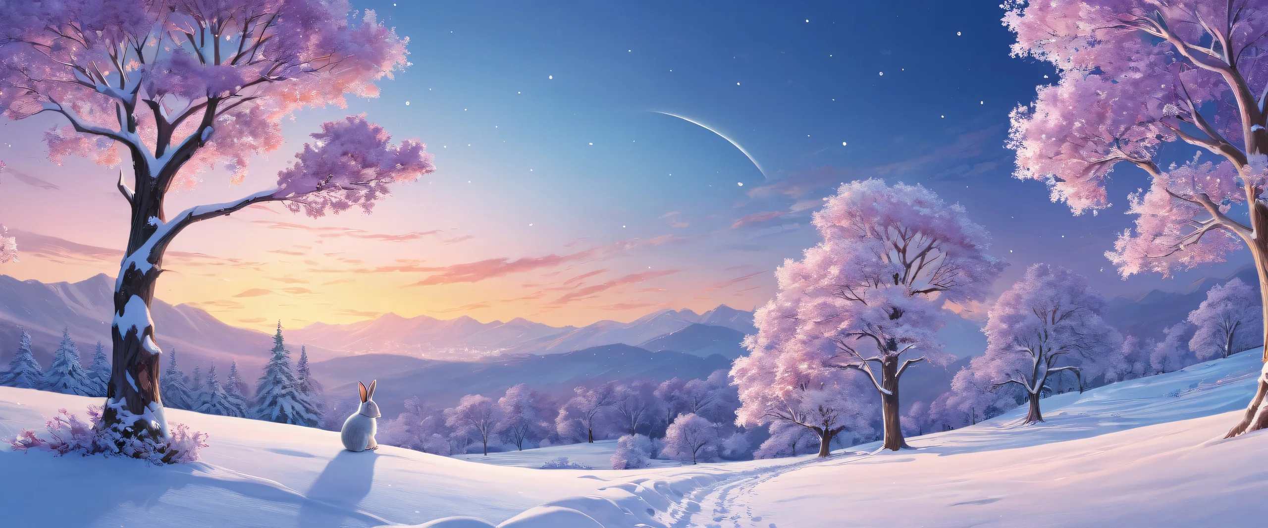 A serene desktop image of rabbits in a snowy landscape at night under ethereal lighting, suitable for Desktop/PC.