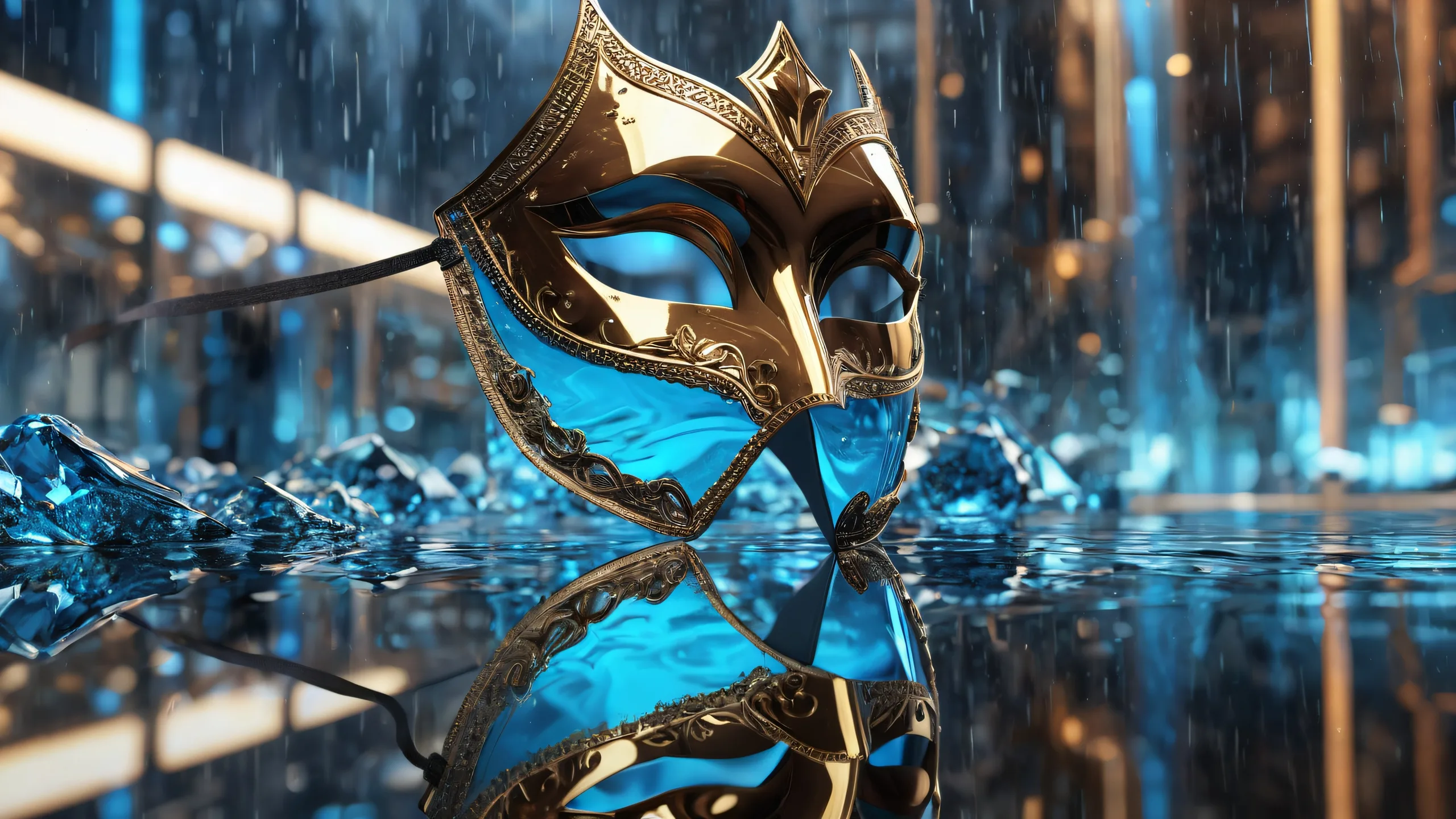 A serene and majestic desktop scene of a masked hero standing amidst a vast pure void, set against the backdrop of a rainy atmosphere with muted brown and grey tones and hints of blue.