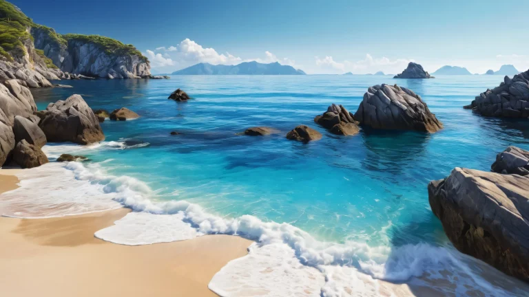 A stunning desktop image of a vast ocean with rocks and radiant lighting for PC/ Desktop use