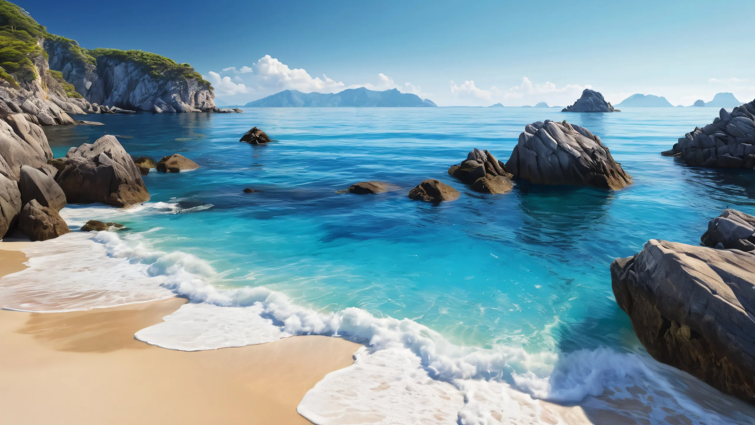 A stunning desktop image of a vast ocean with rocks and radiant lighting for PC/ Desktop use