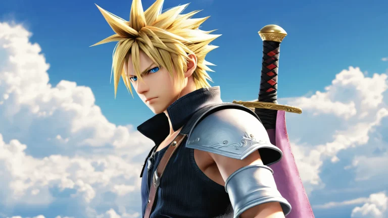 Desktop/PC wallpaper featuring Cloud Strife in a breathtakingly radiant environment with soft blues and whites, lumière dorée, and ray traced reflections.