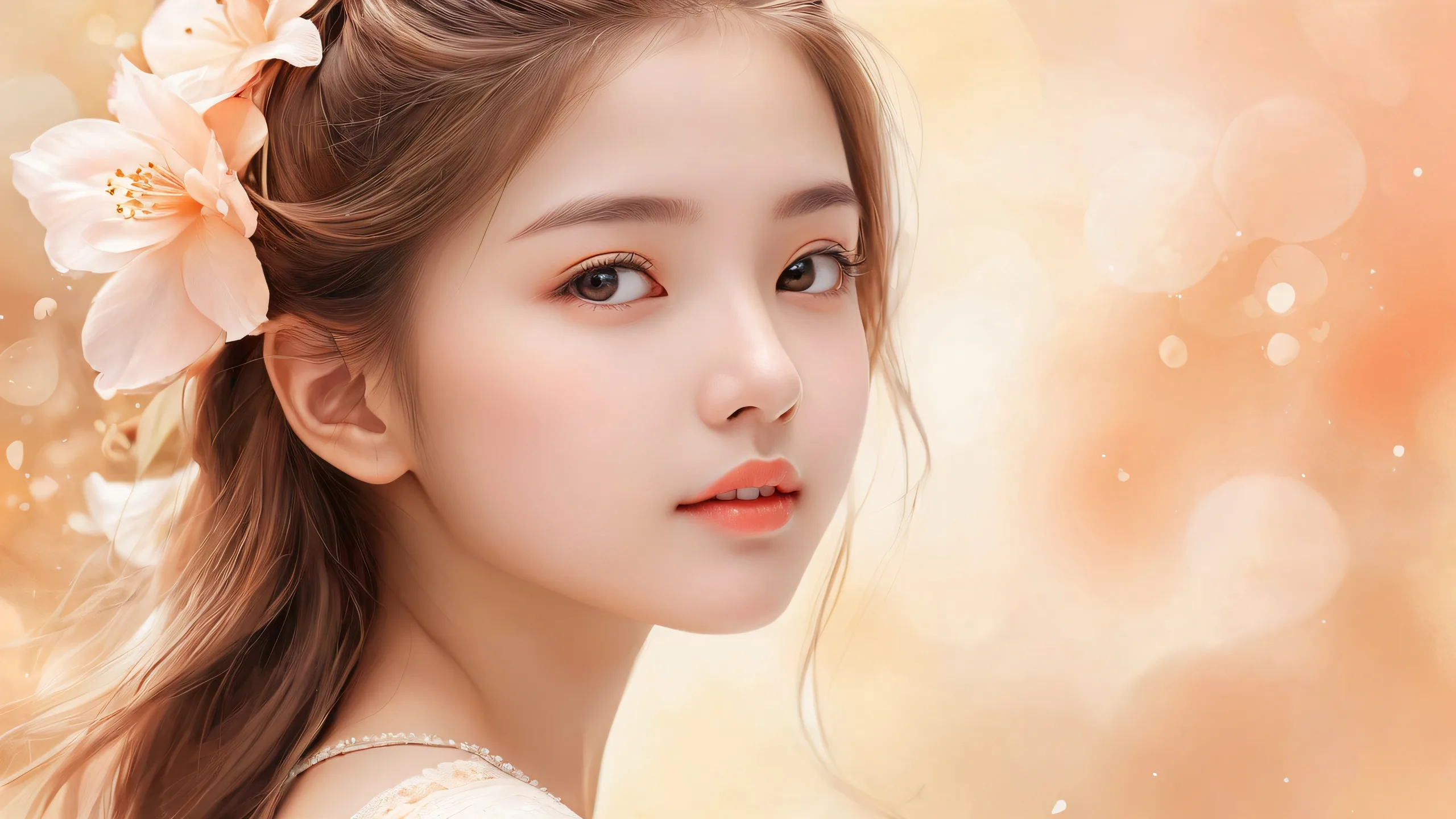 A beautiful and radiant desktop wallpaper featuring a girl in a vast pure void with subtle gradient and delicate watercolor textures, suitable for use on Desktop/PC.