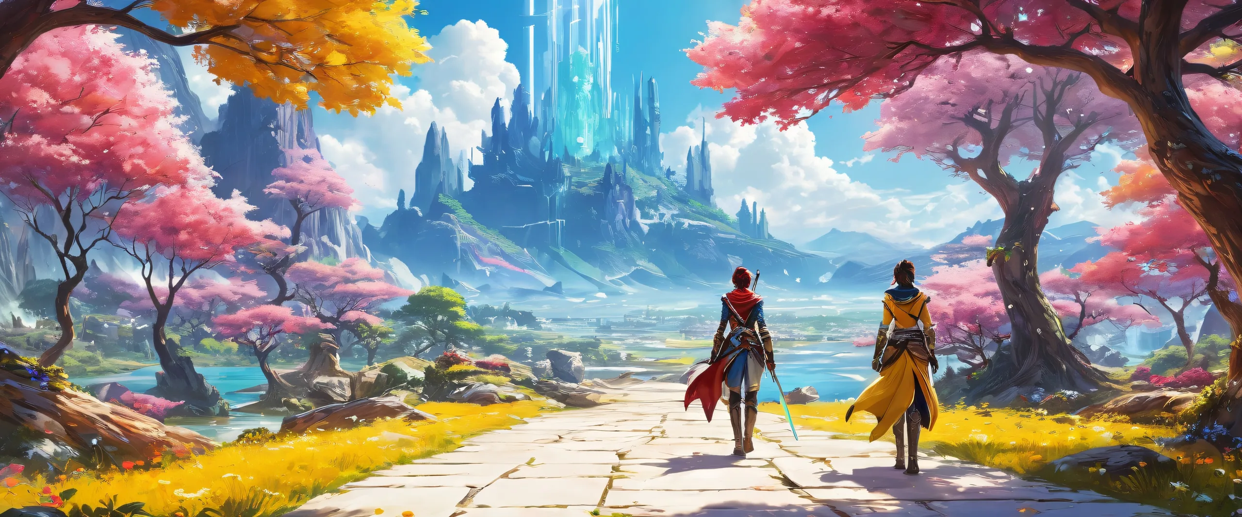 A rear view of video game characters in a pristine void, perfect for desktop use on PC or Desktop.