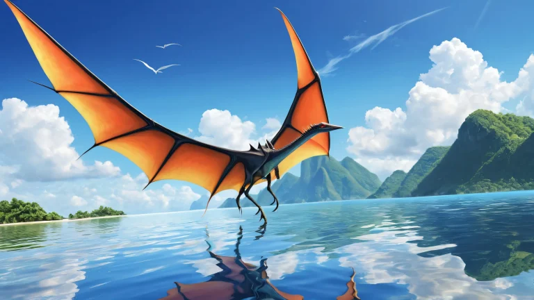 A desktop/PC wallpaper featuring a stunning Pteranodon against an endless pure void with brilliant colors and ray-traced reflections.