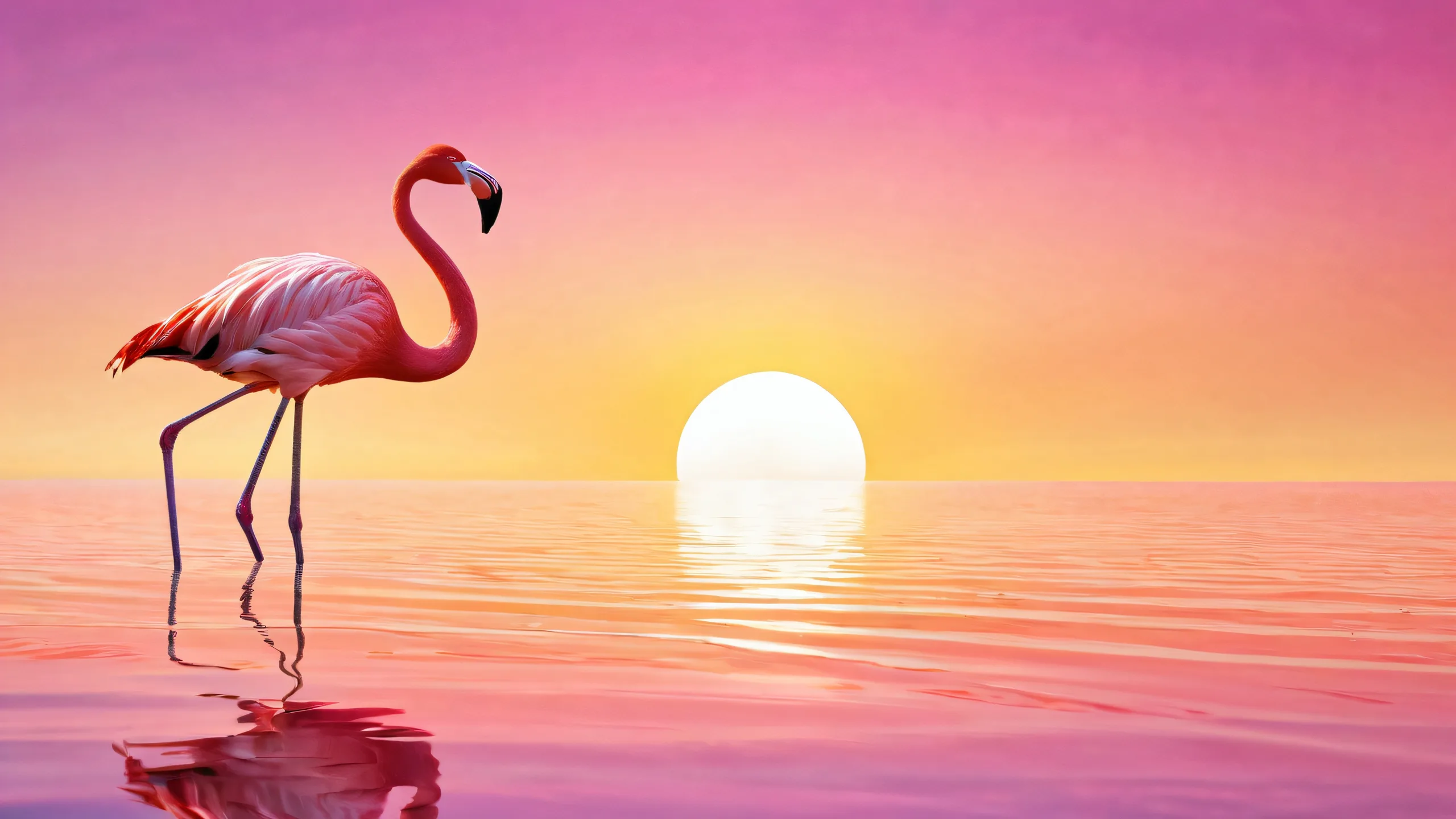 A peaceful desktop background featuring a flamingo amidst a vast, pure void with a radiant sun in the distance on a Desktop/PC.