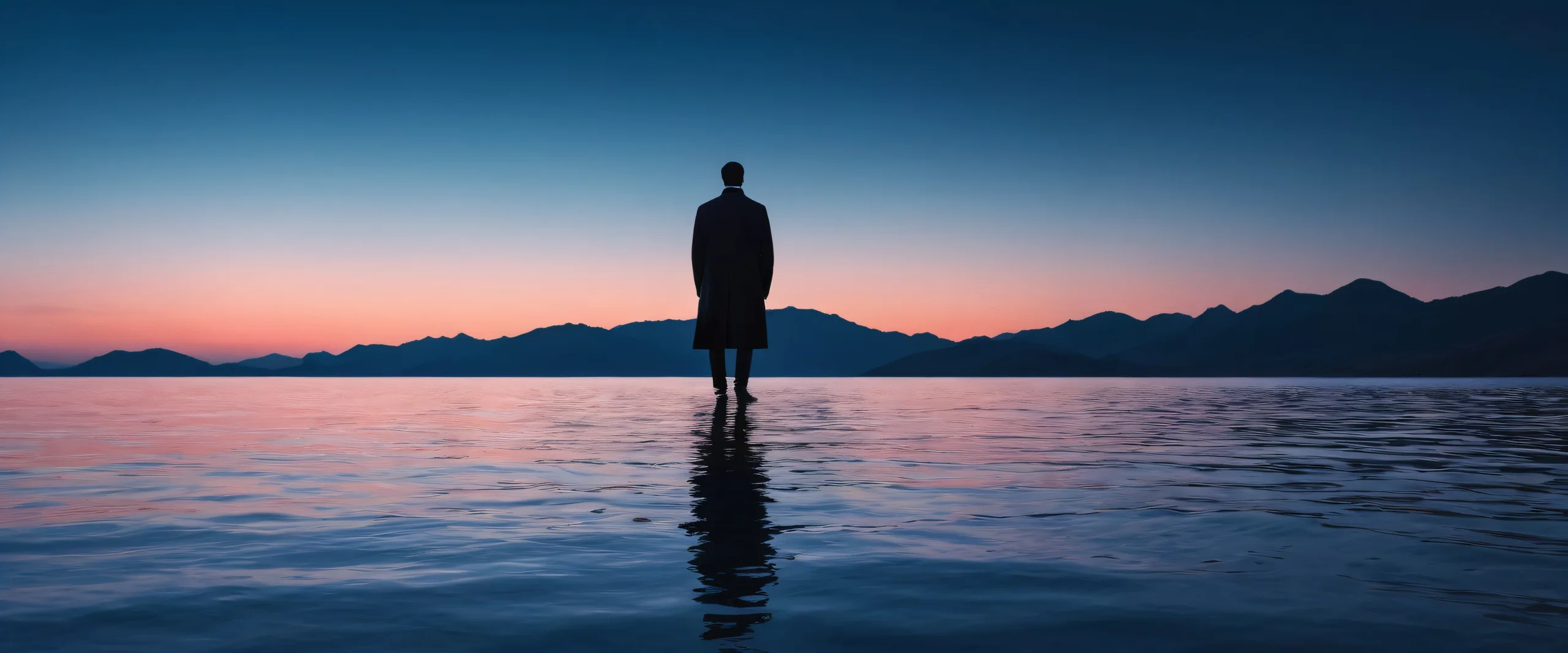 Serene desktop background of a solitary figure standing at the edge of a vast, pure void, with calm water and distant horizon, ideal for PC or Desktop