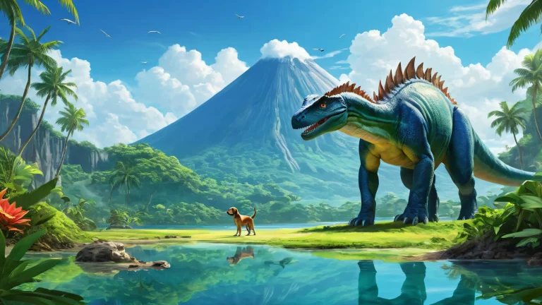 Desktop/PC wallpaper of a prehistoric jungle with a volcano on the horizon, featuring an unusual pterasaur with a dog head in a vast pure void.