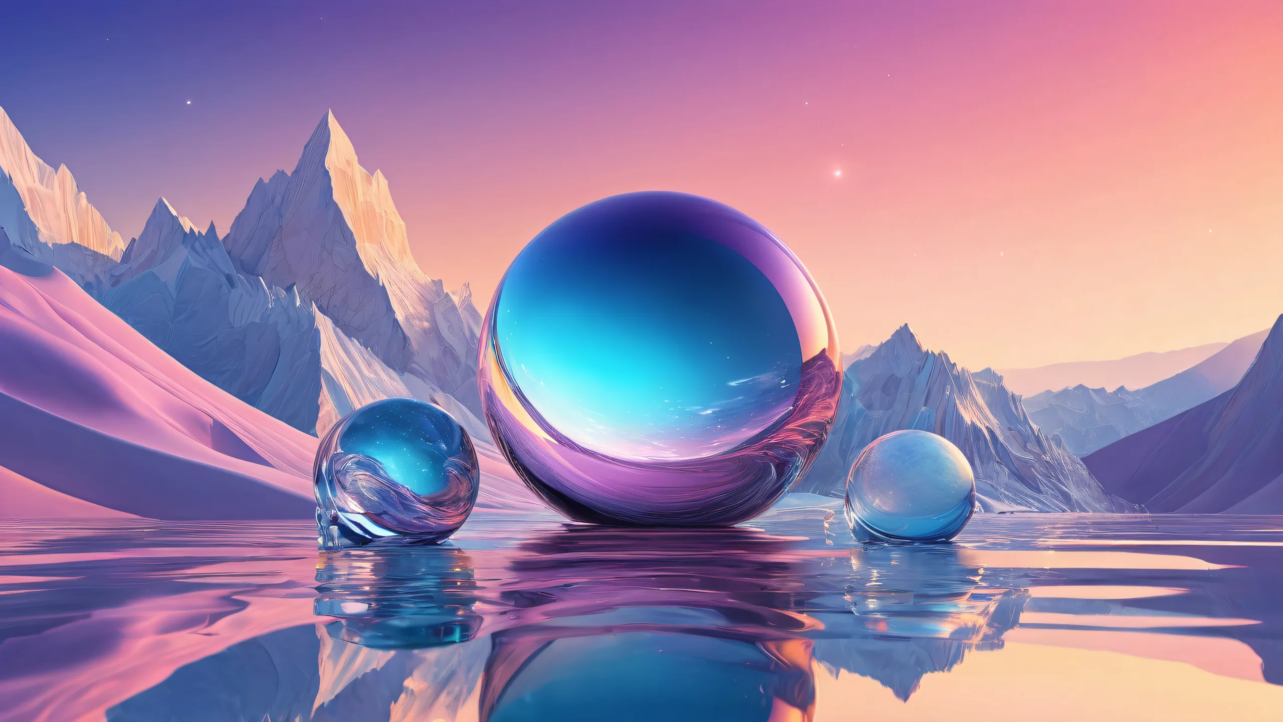 Breathtaking desktop wallpaper of an icon in a vast pure void with radiant colors and reflections. Suitable for Desktop/PC backgrounds.