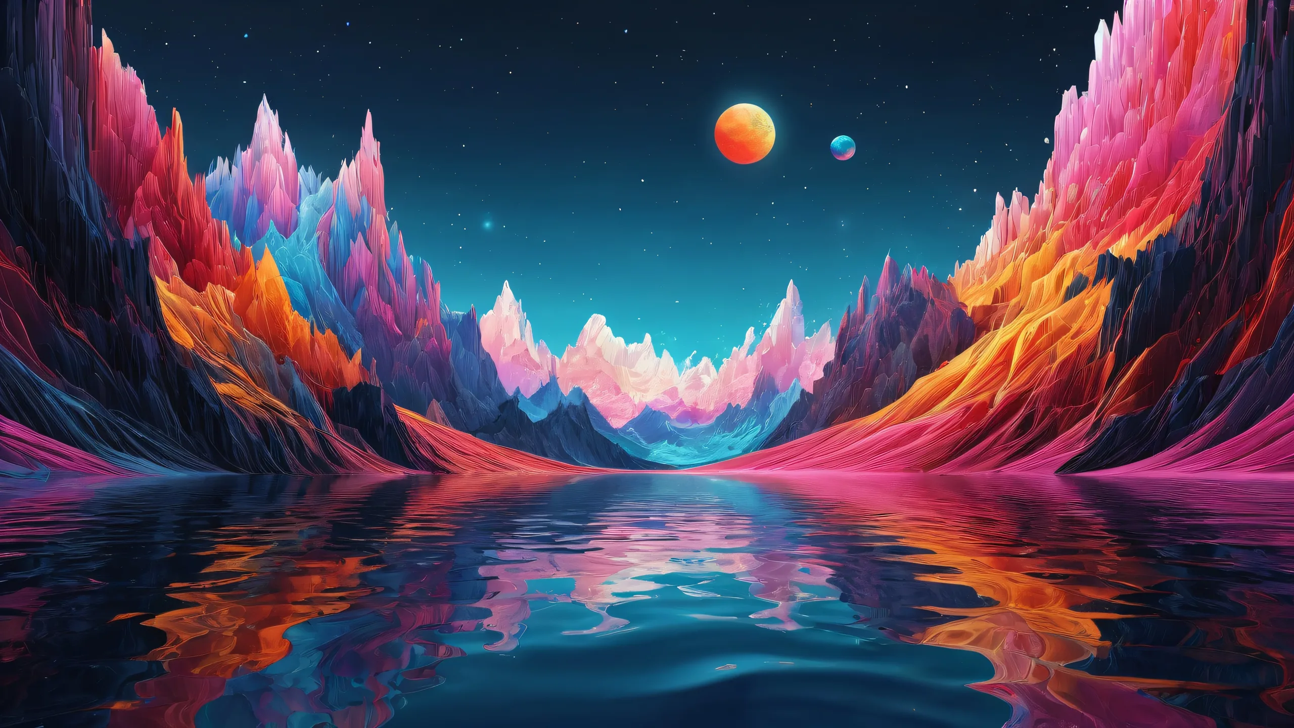 A breathtaking desktop wallpaper featuring a perfect void with radiant colors and ray traced reflections on a Desktop/PC.