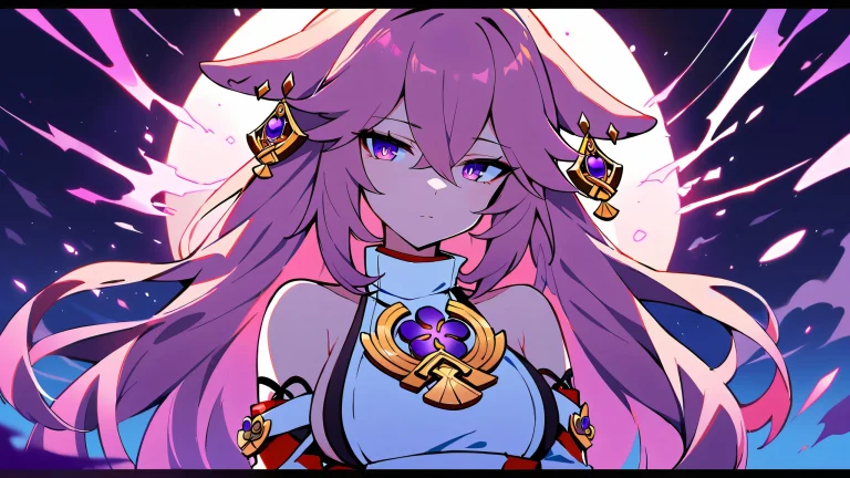 A solo anime girl, Yae Miko from Genshin Impact, gazes at the viewer against a perfectly clean vast pure void with an extreme depth of field, creating a sense of infinity and visual interest. Designed for desktop/PC.