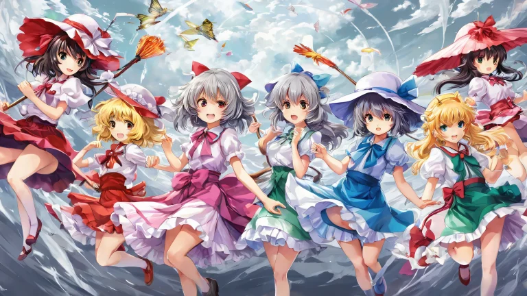 Desktop/PC wallpaper featuring Touhou characters in a vast pure void with ethereal lighting and radiant colors.