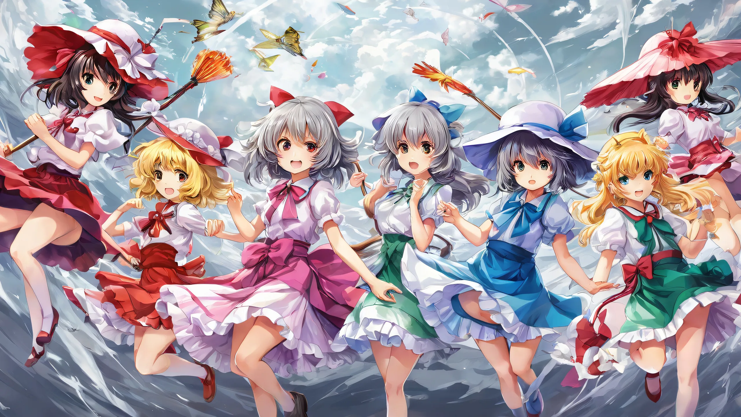 Desktop/PC wallpaper featuring Touhou characters in a vast pure void with ethereal lighting and radiant colors.