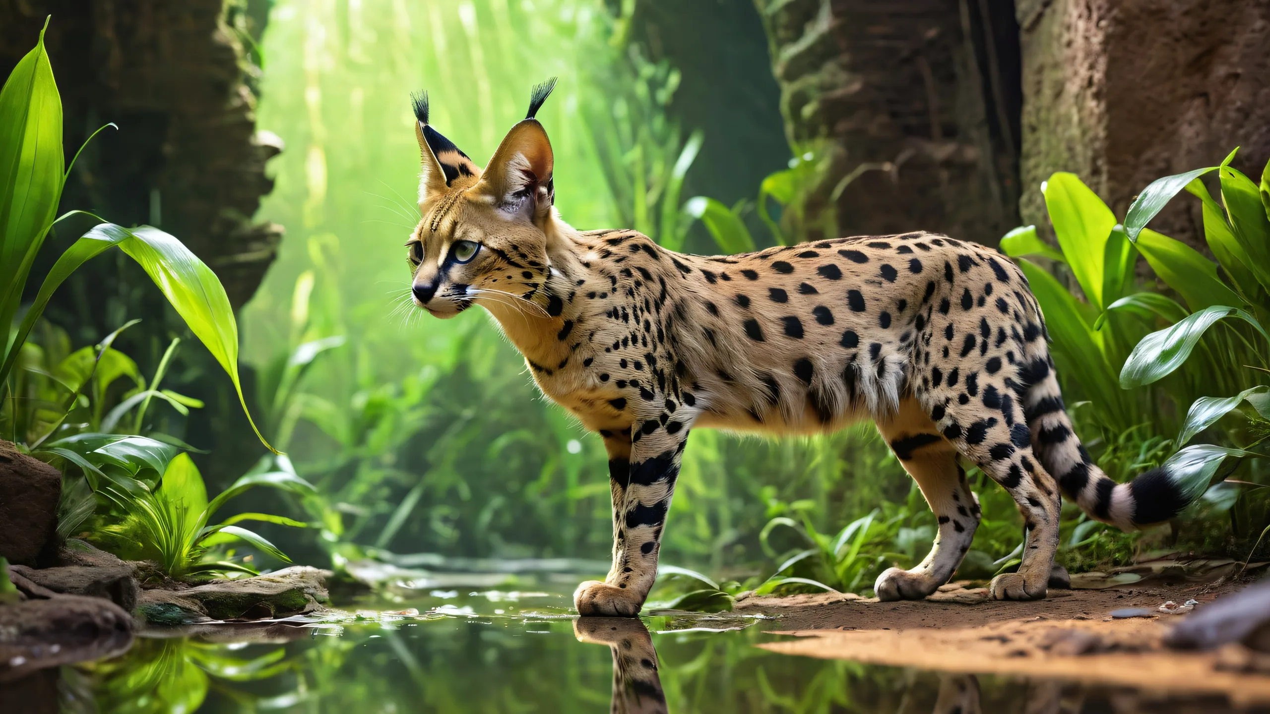 A breathtaking desktop scene of a Mutant Serval in an abandoned underground lab with artificial lighting, suitable for desktop/PC.