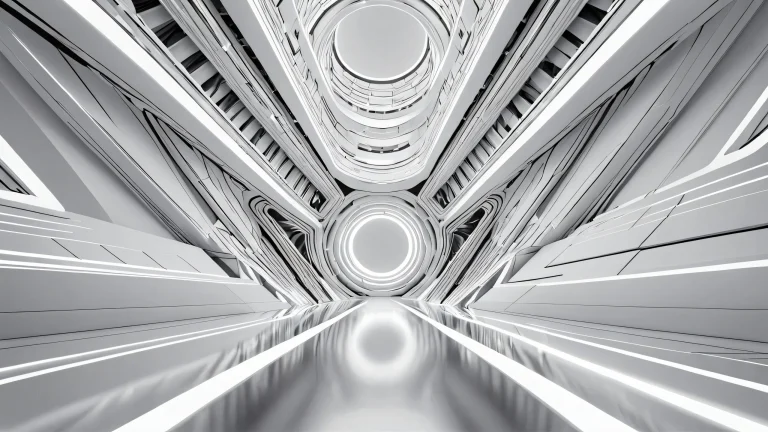 A stunning minimalist desktop wallpaper featuring a vast, void-like expanse with radiant lighting and precise reflections.