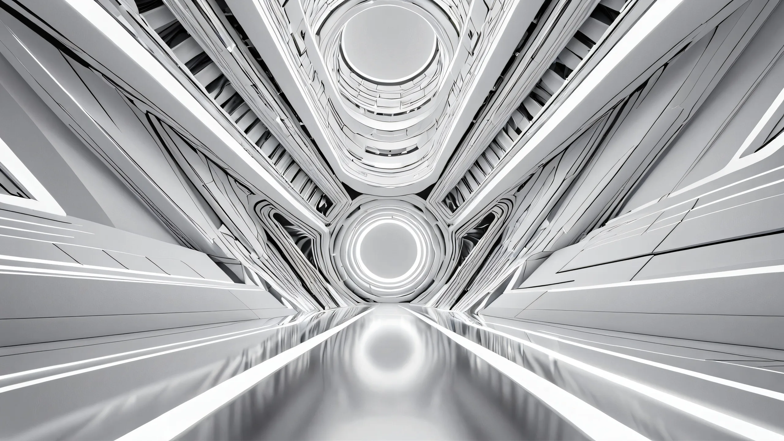 A stunning minimalist desktop wallpaper featuring a vast, void-like expanse with radiant lighting and precise reflections.