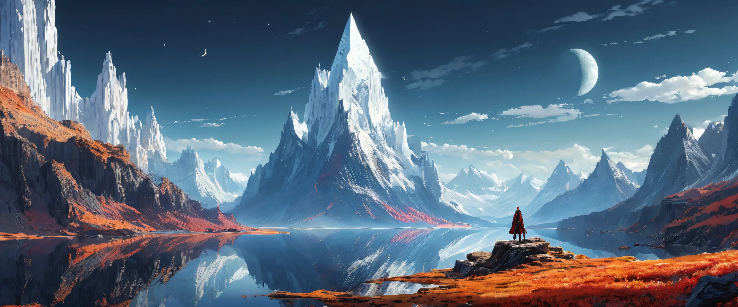 A breathtaking desktop wallpaper of a Wanderer in a vast pure void, with extreme depth of field and dark tattered shroud. Suitable for Desktop/PC.