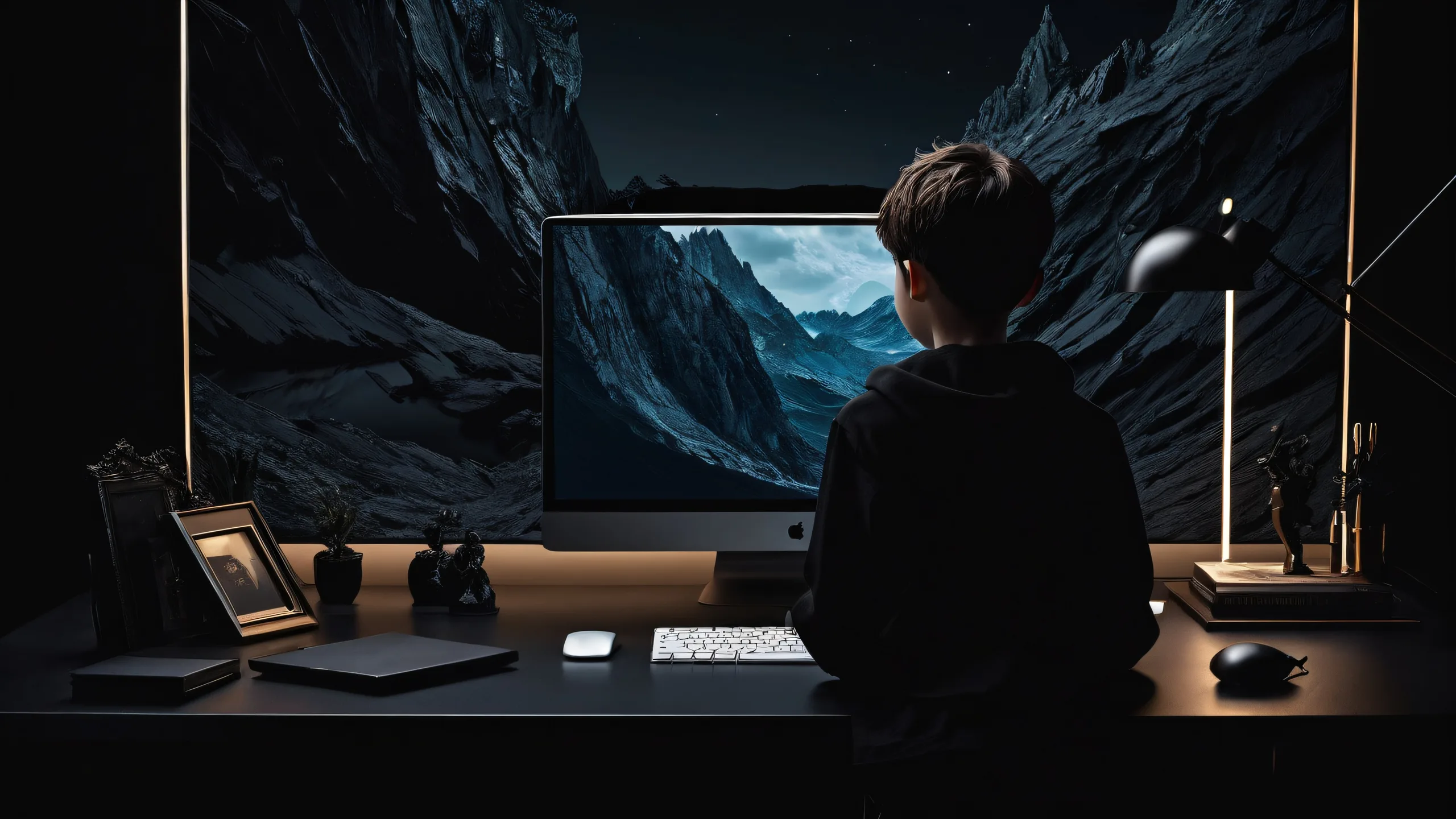 Boy standing in a vast, pure void against deep black background, perfect for desktop/PC