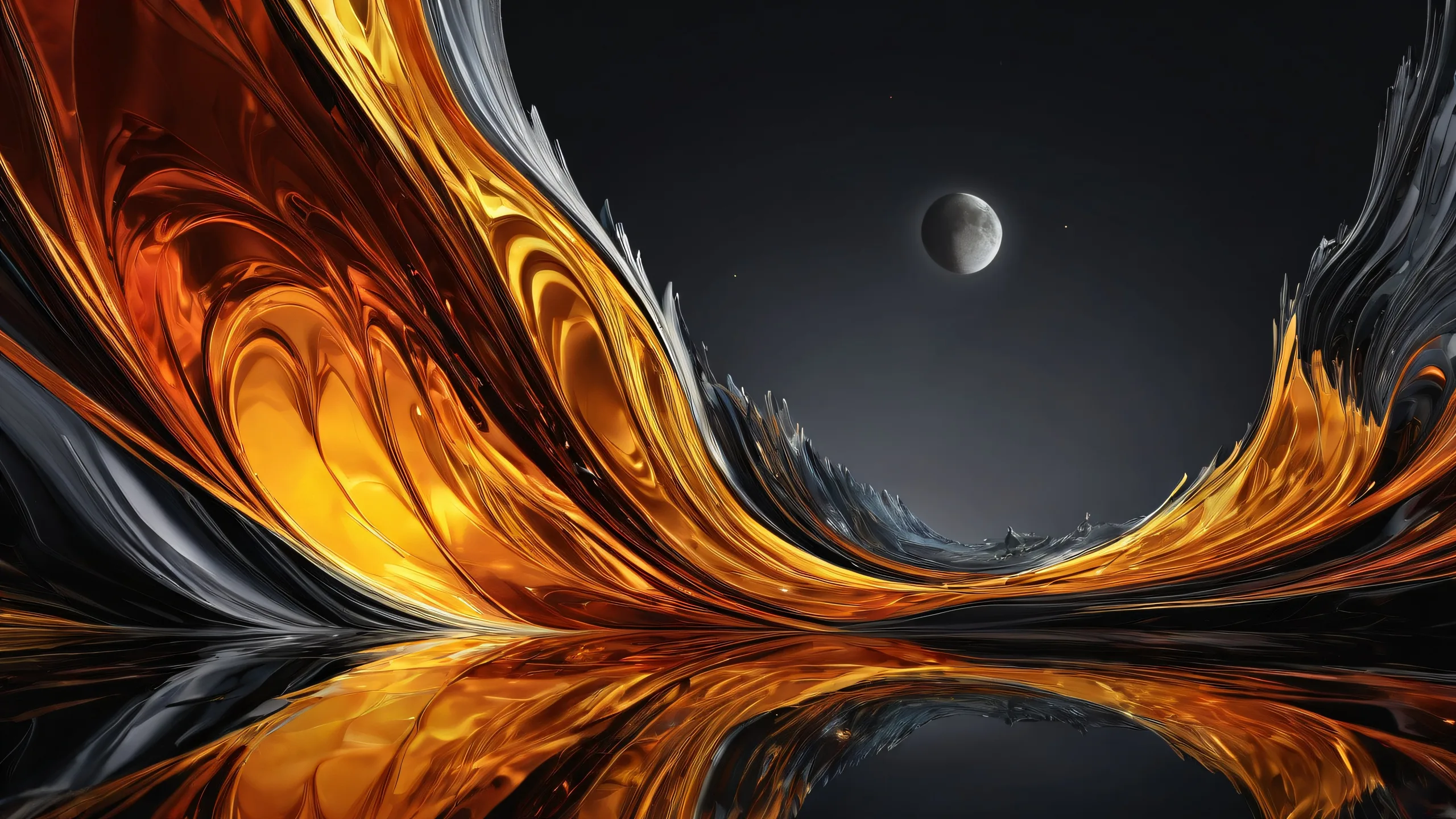 A stunning desktop wallpaper featuring a vast, dark amber void with radiant colors and ray-traced reflections on a PC or Desktop.