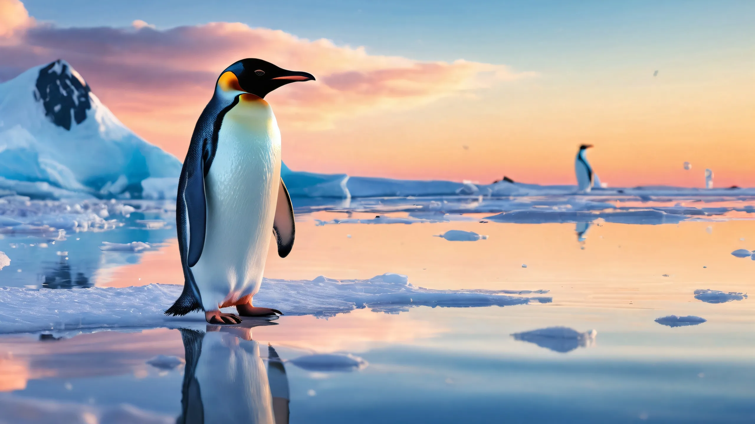 Desktop/PC wallpaper featuring a penguin in an ethereal void with radiant colors and ray traced reflections.