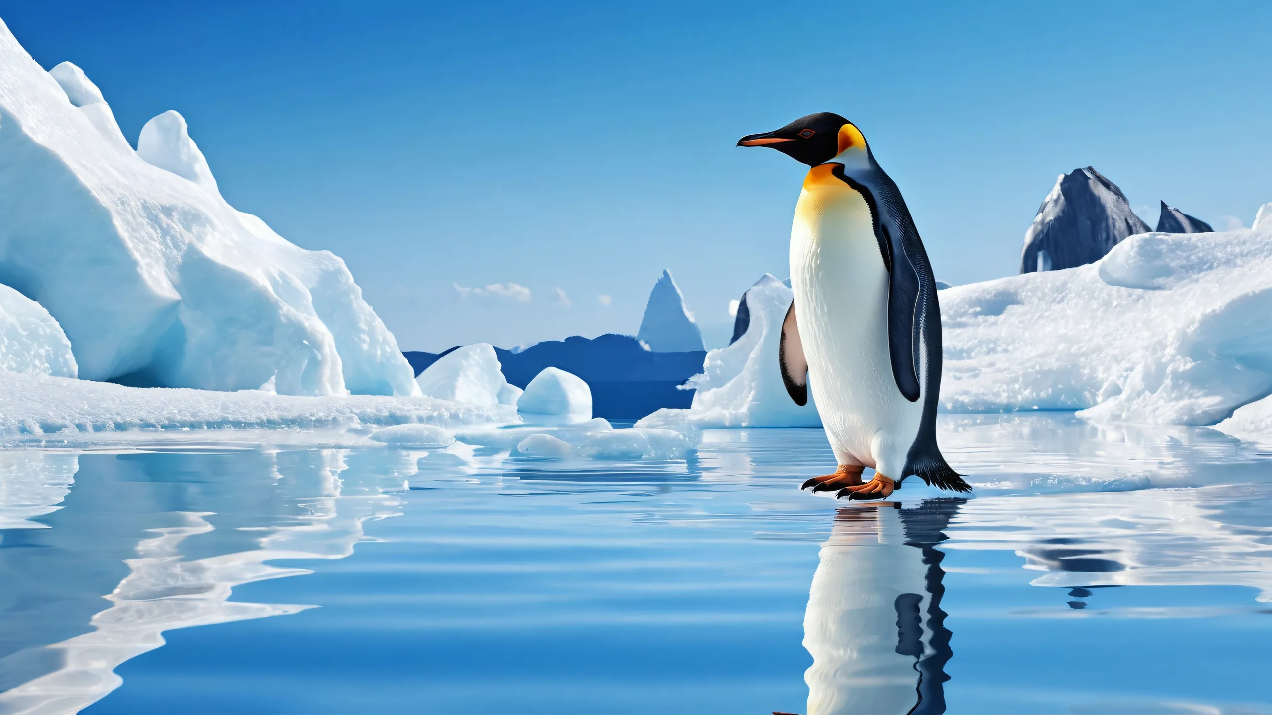 A stunning desktop image of a penguin in a vast, deep blue void, with radiant lighting and reflections.