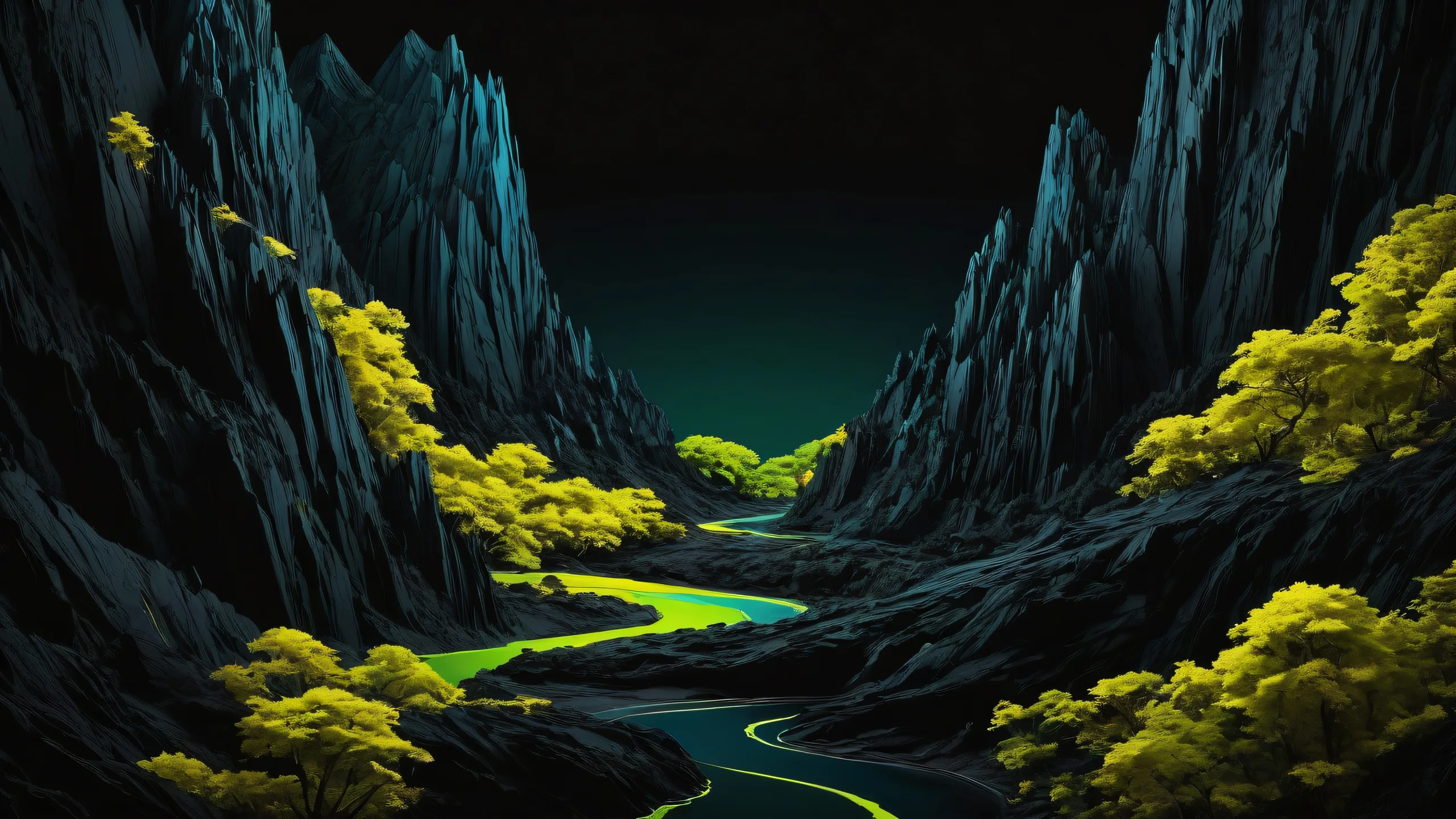 A stunning digital art piece featuring a dark mode aesthetic for desktop/pc use, with deep blacks and luminescent accents.