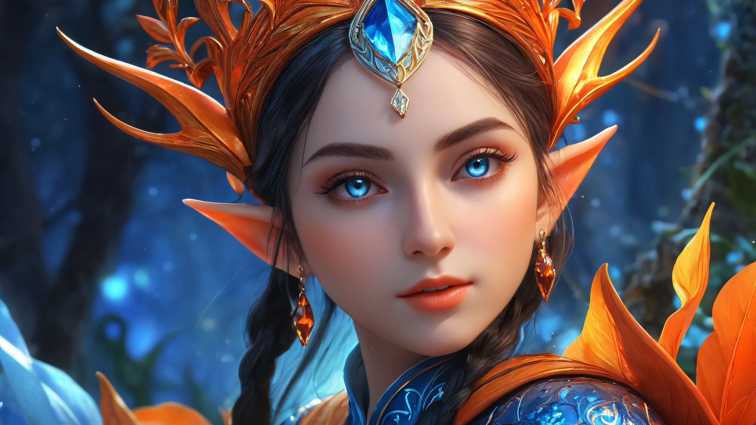 Elf Girl in a deep blue void with radiant colors and reflections on a Desktop/PC