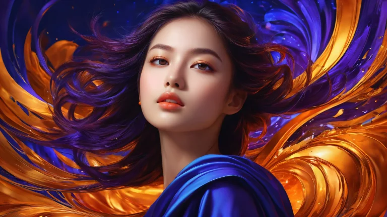 A serene and mystical desktop scene featuring a young woman amidst a vast, pure void with dramatic highlights of deep blue, fiery orange, and molten gold.