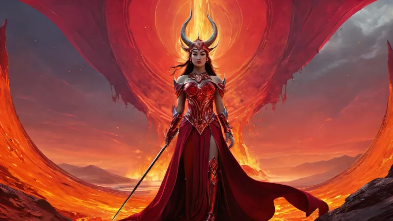 A majestic queen stands amidst a deep crimson chasm on a pristine desktop/pc, perfect for those seeking a dark fantasy aesthetic.