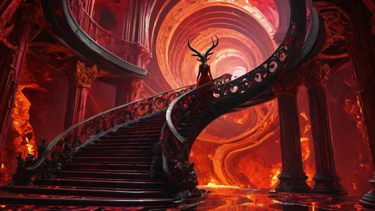 A breathtaking desktop wallpaper featuring the Horned Queen in a desolate, apocalyptic landscape with a crumbling staircase and intense orange and magenta hues. Suitable for Desktop/PC use.