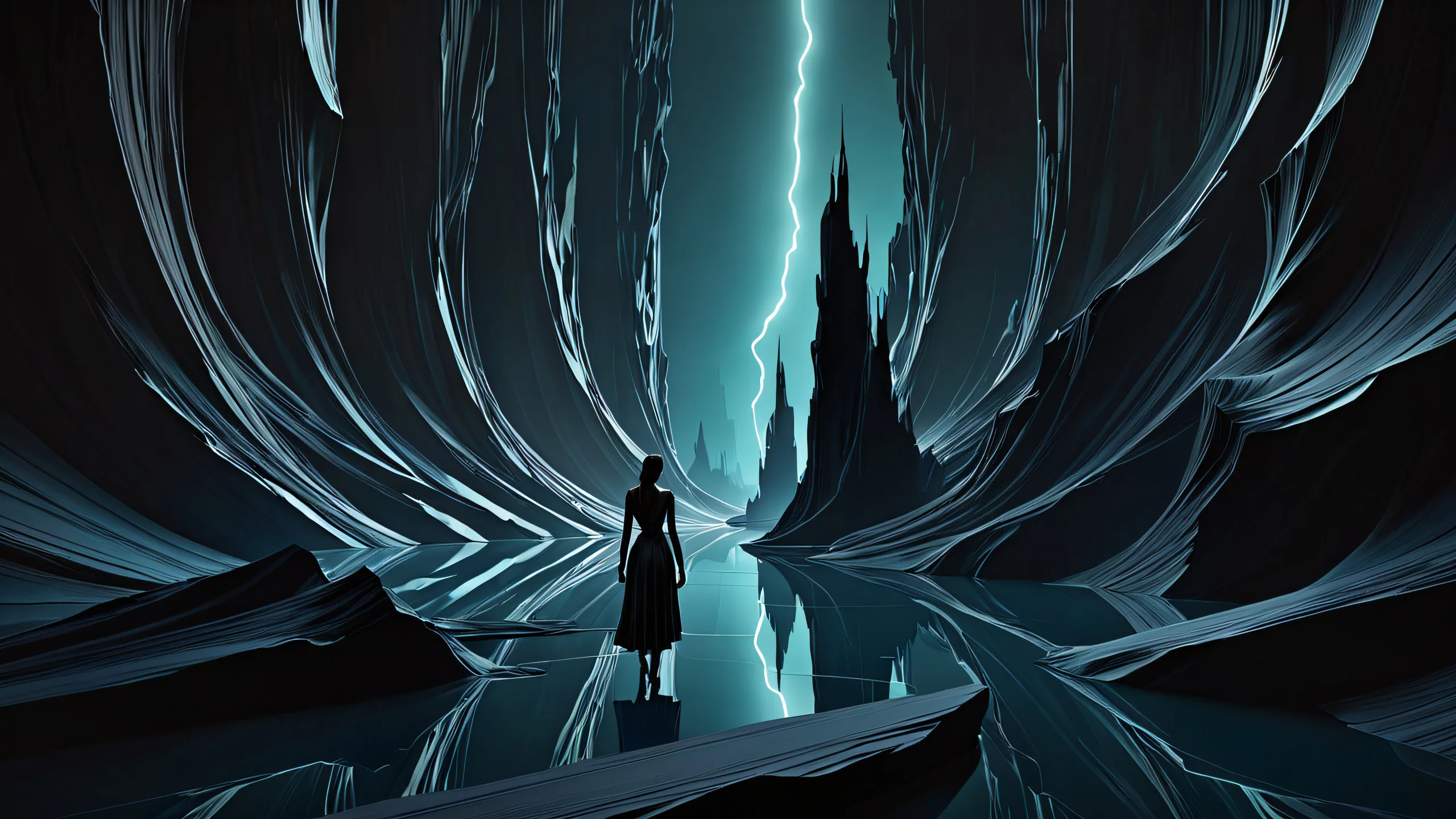 A dark-toned desktop wallpaper featuring an abstract sculpture with ethereal lighting and detailed shadows, suitable for a PC or Desktop.