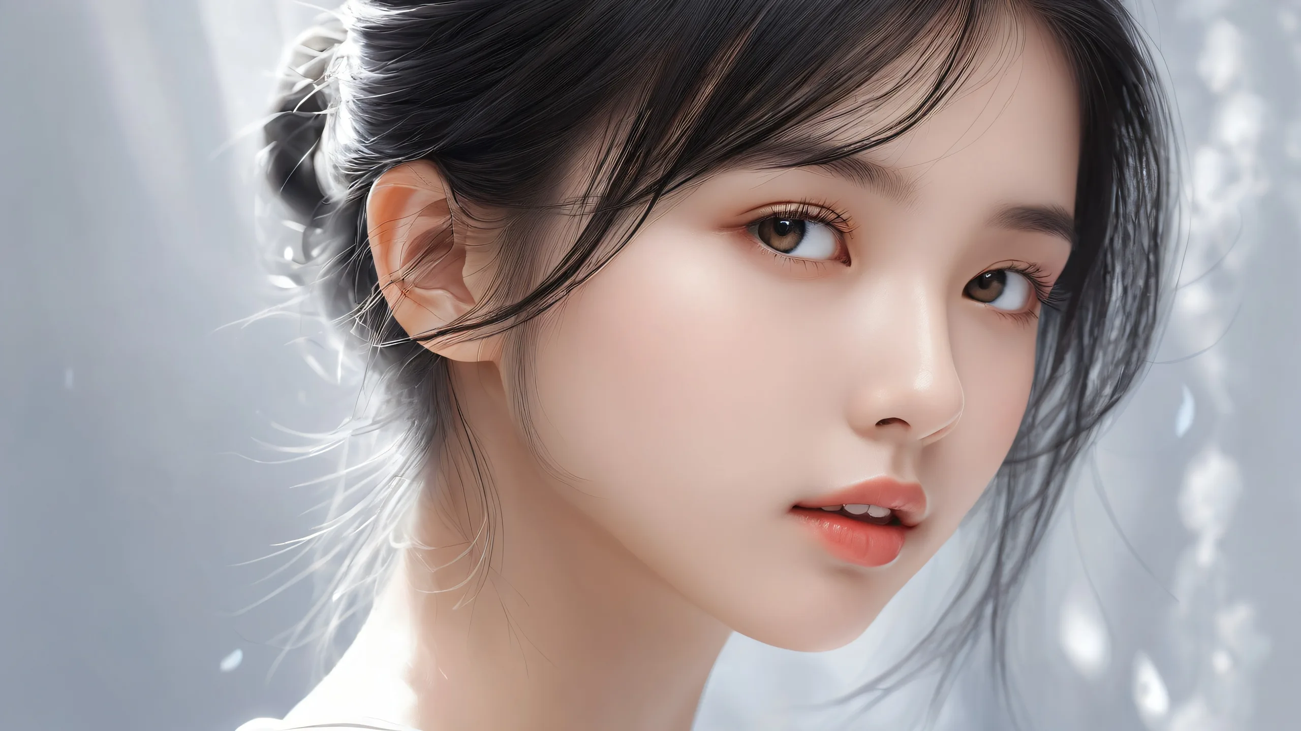 Beautiful digital artwork of a girl in a vast, dark void with extreme depth of field, suitable for desktop/pc backgrounds.