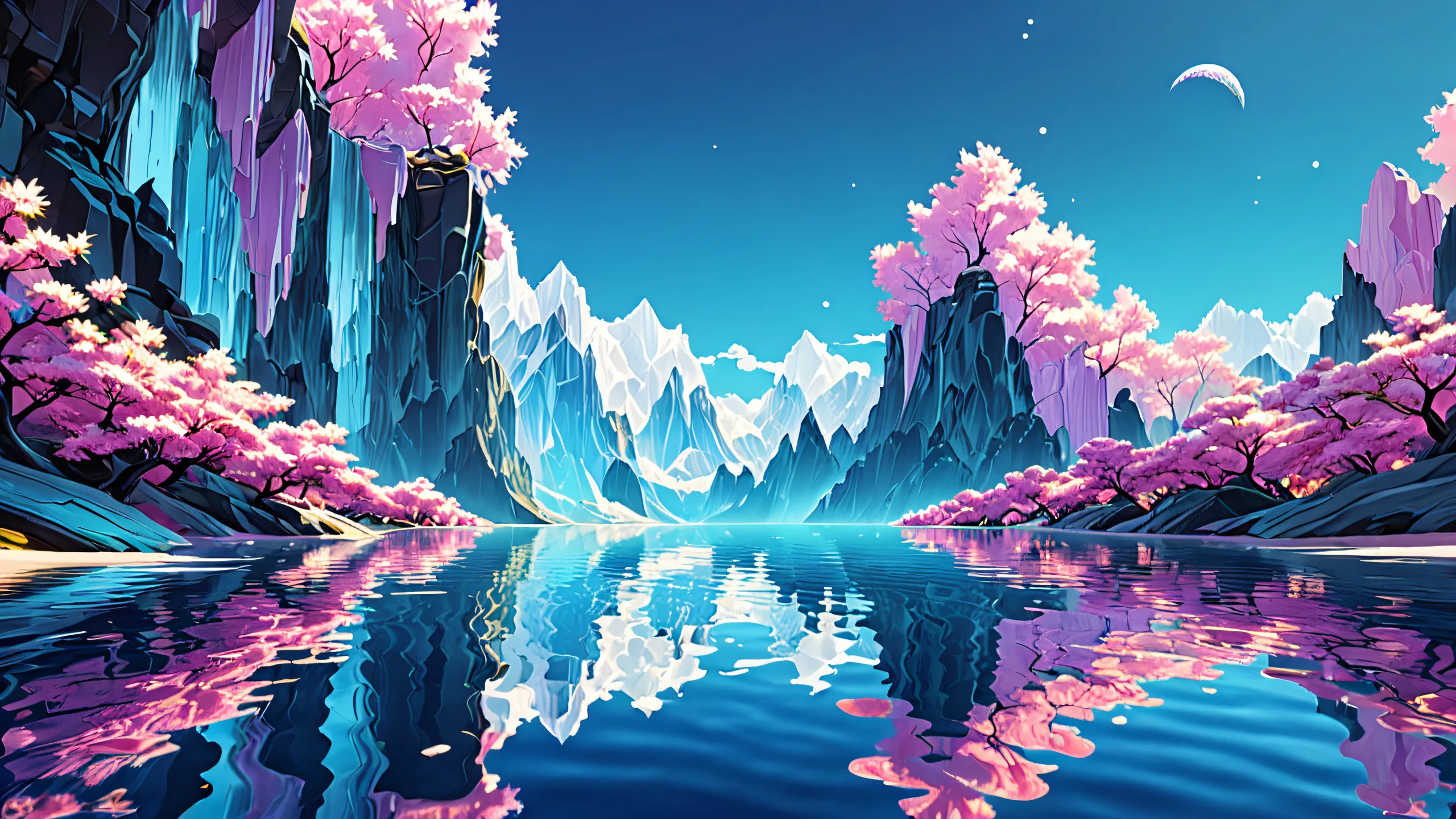 A stunning abstract desktop wallpaper featuring an ethereal abyss with radiant colors and ray-traced reflections suitable for Desktop/PC users.