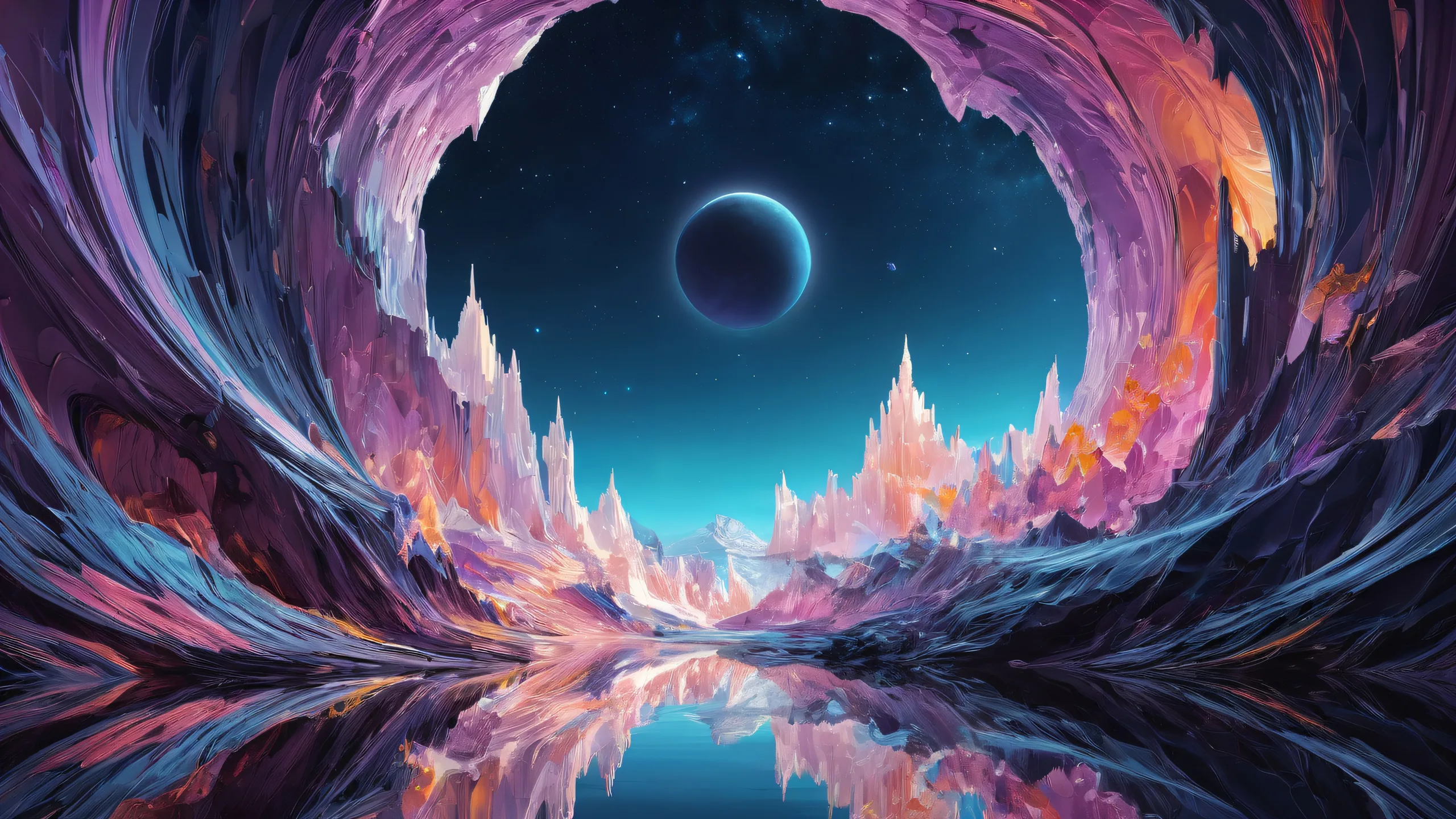 Breathtaking desktop wallpaper of a vast void with radiant colors and ray traced reflections on Desktop/PC
