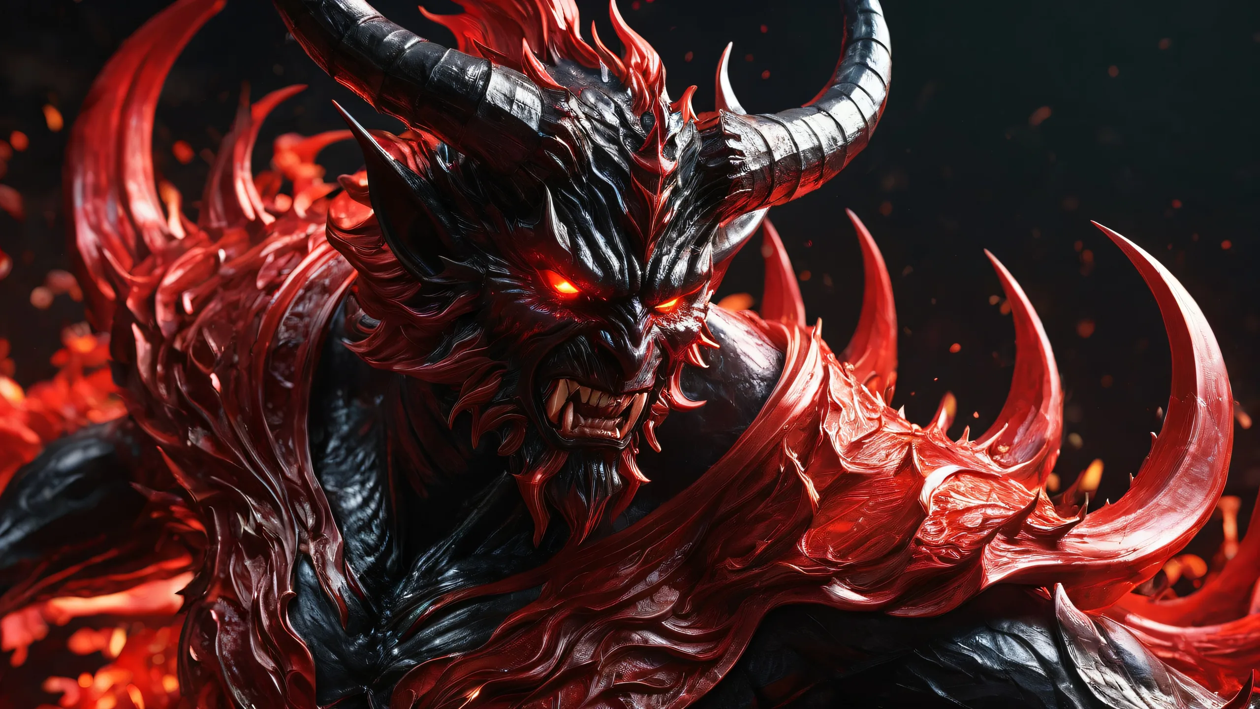 A serene and otherworldly desktop scene featuring a demon in a vast, pure void with radiant lighting and reflections.