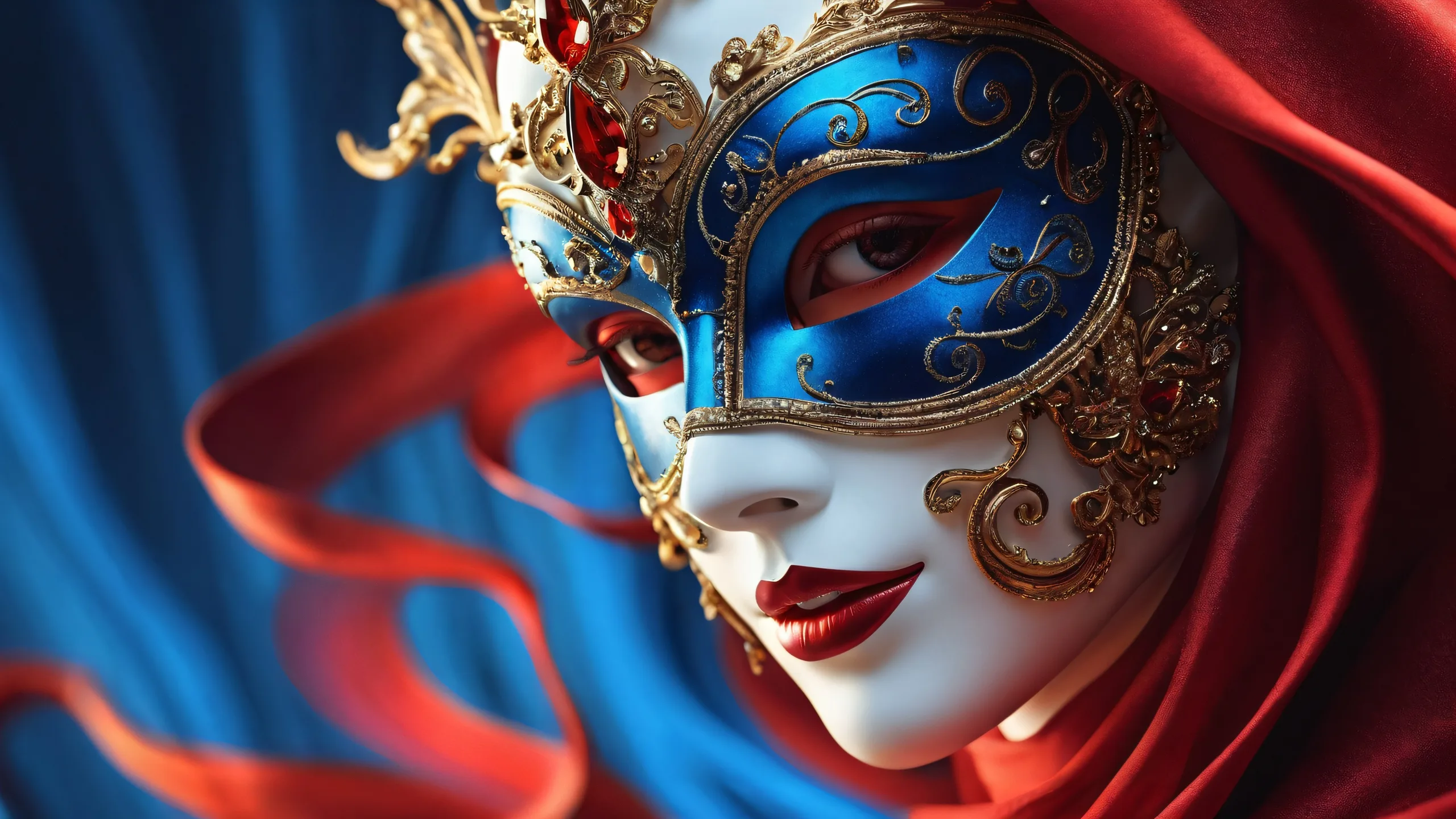 A serene and majestic desktop scene featuring a masked entity set against a deep, void-like background with subtle horizontal streaks. Perfect for a desktop/PC.