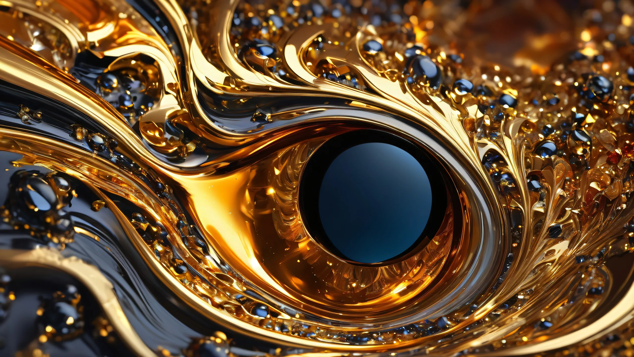 A stunning desktop wallpaper featuring a vast void with glowing molten gold and polished obsidian, perfect for your PC or Desktop.