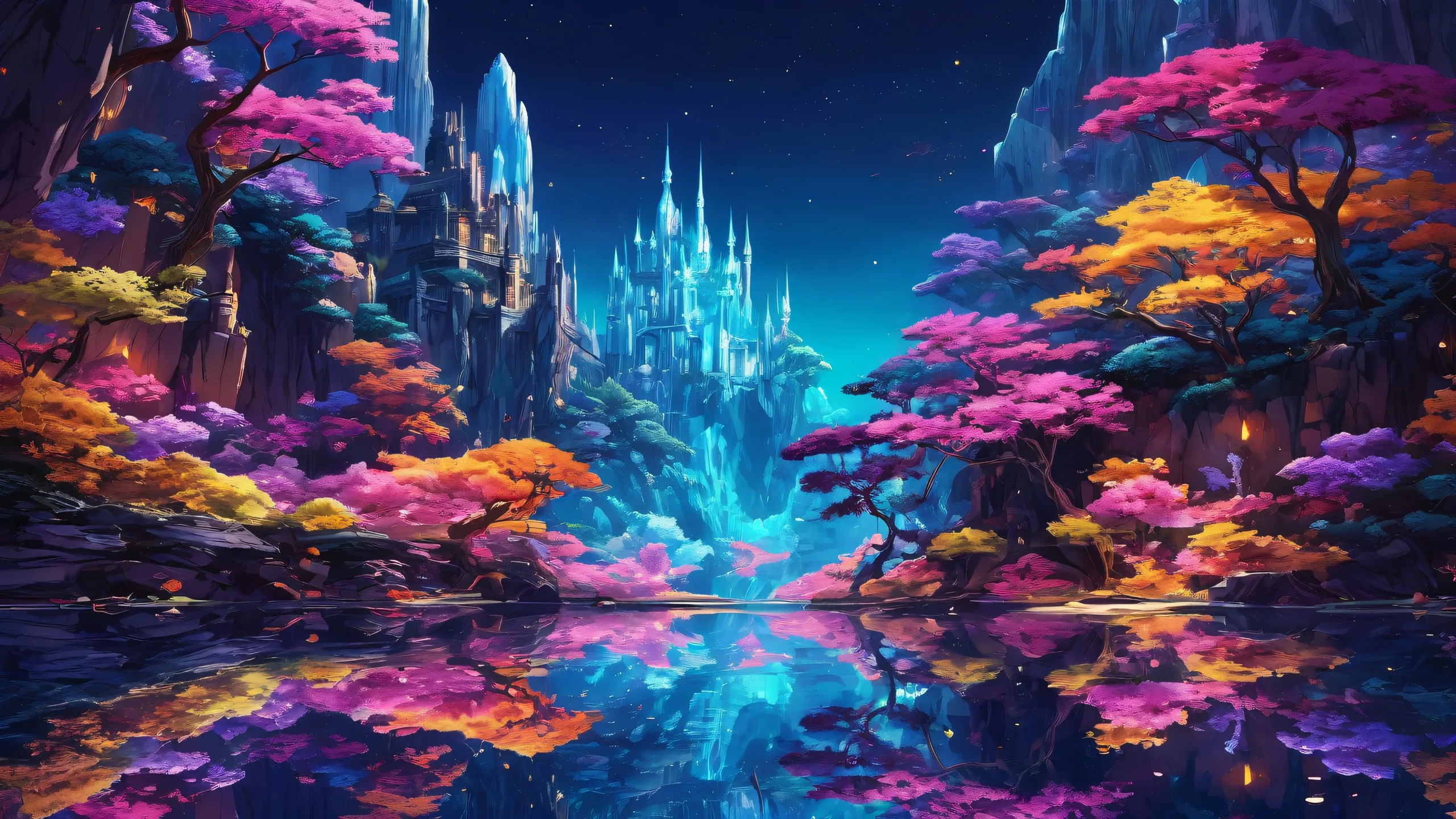 Fantasy desktop wallpaper featuring a breathtaking void with deep blues and purples, gold accents, and ethereal lighting for Desktop/PC use.