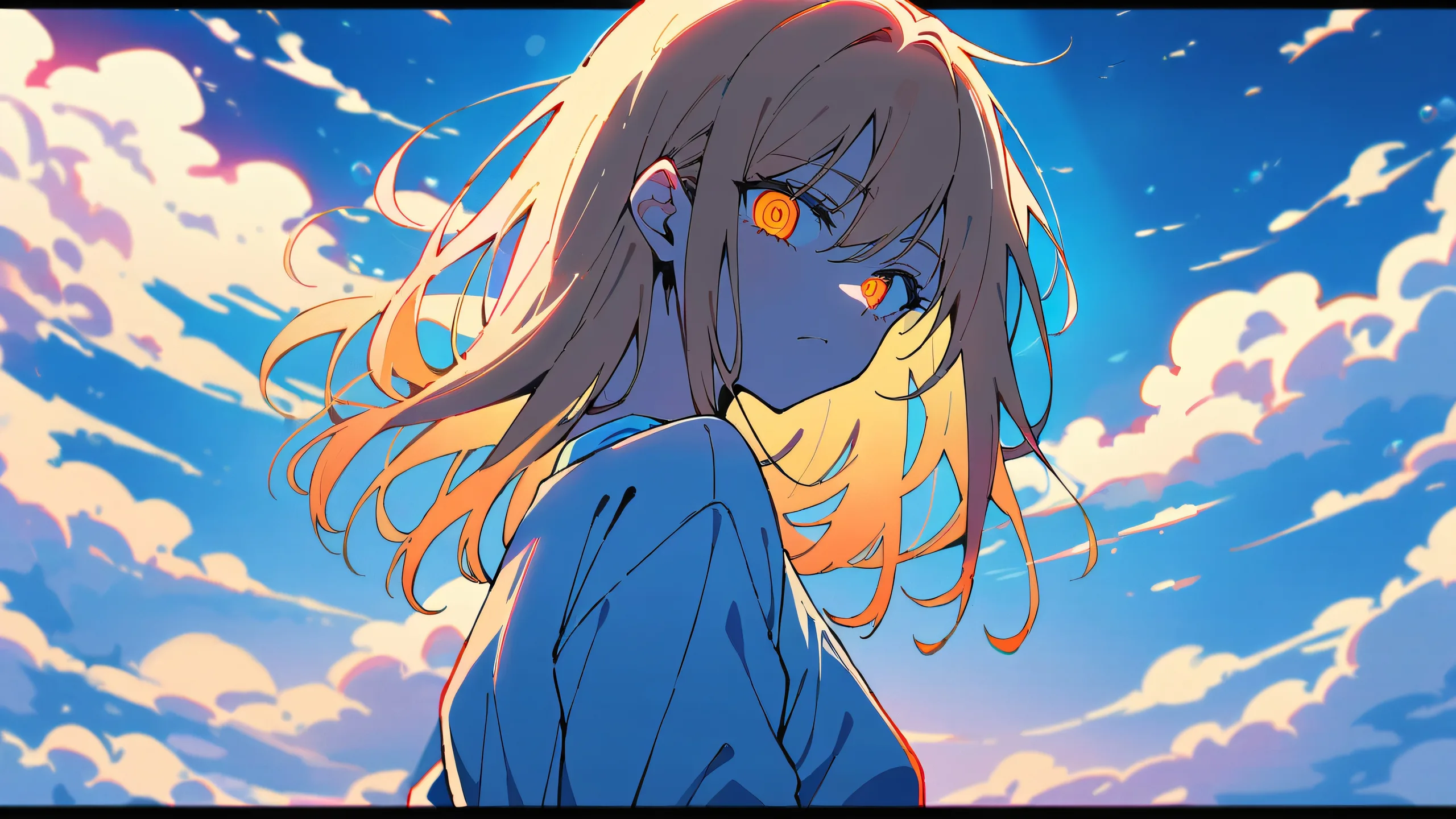 A lone girl stands at the edge of a perfectly clean vast pure void, looking directly at the viewer with determination and power. Her gaze is accompanied by an absurdres chainsaw man standing in the background, showcasing her solo masterpiece.