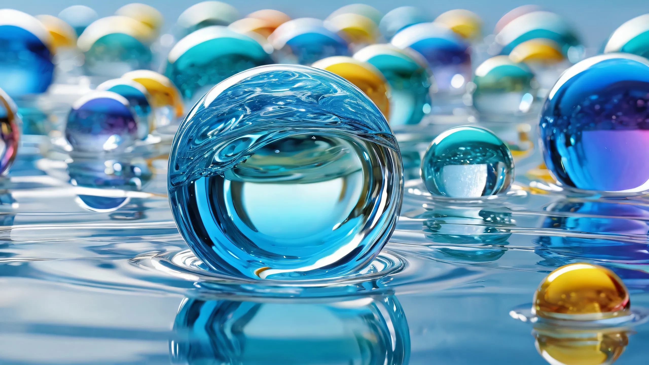 A stunning desktop wallpaper of a glass marble abyss on a desktop/pc, with rippling water effect and brilliant colors.