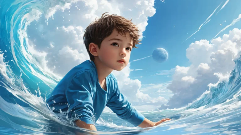 Boy standing at edge of vast pure void, desktop/pc